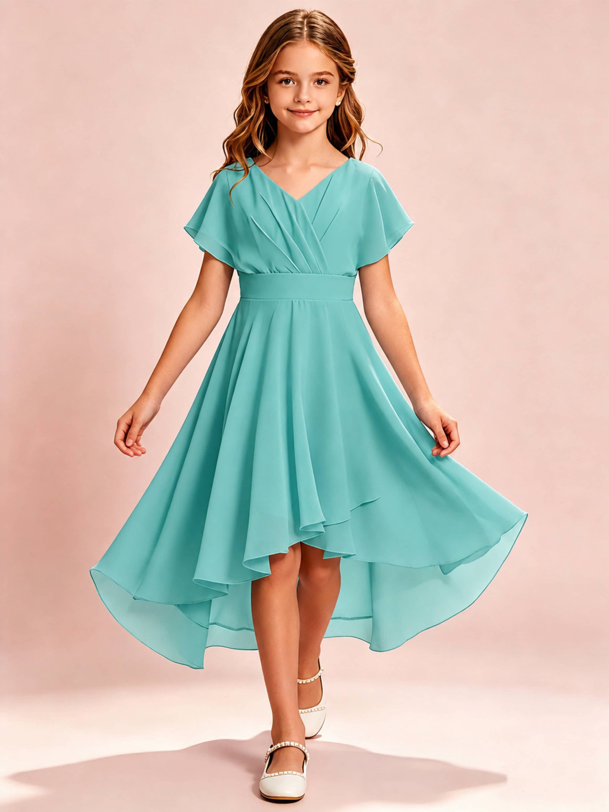 Chiffon High Low Cap Sleeve Junior Bridesmaid Dress for Wedding