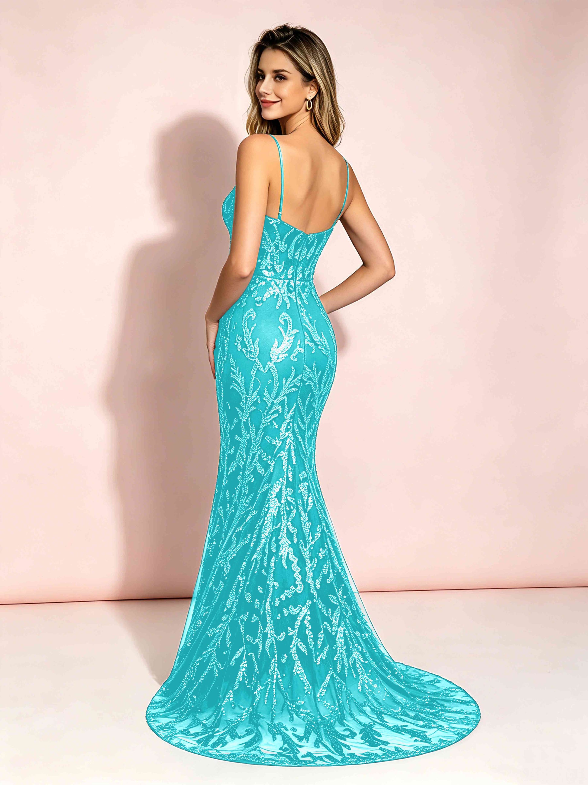 Mermaid V-Neck Sweep Train Sequin Sparkly Prom Dresses with Slit