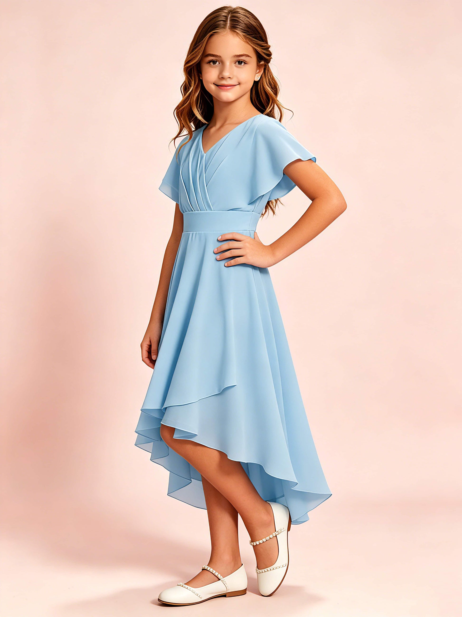 Chiffon High Low Cap Sleeve Junior Bridesmaid Dress for Wedding