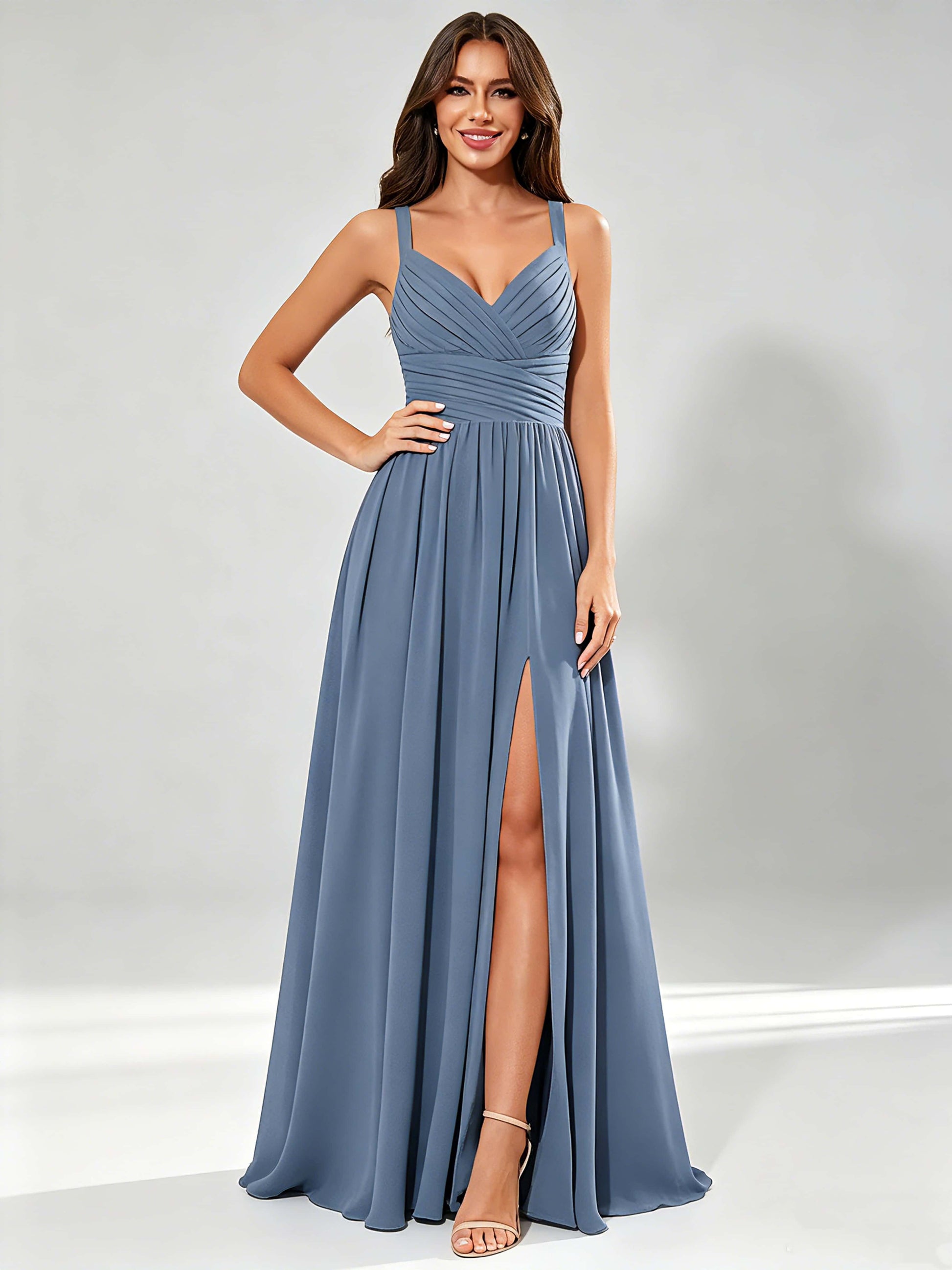 Spaghetti Straps Chiffon Ruched Bust Pleated Bridesmaid Dress for Wedding