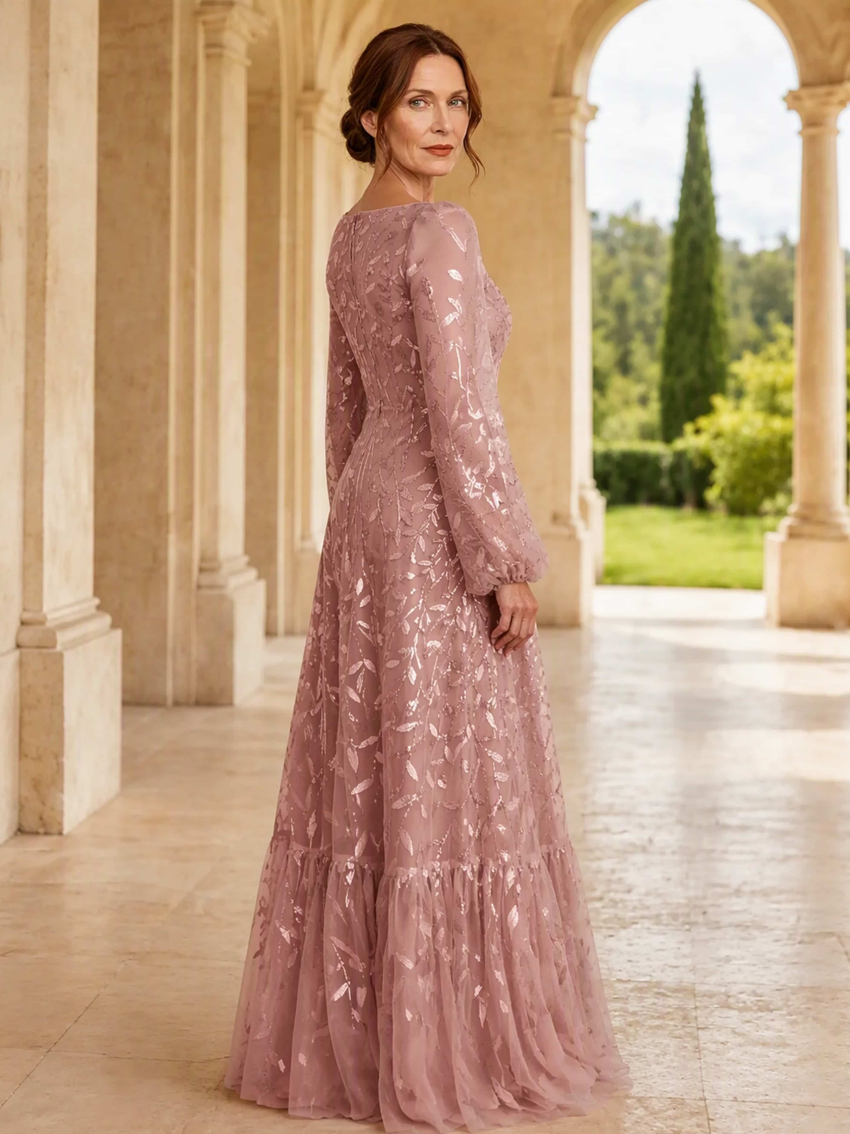 Leaf Sequin Embroidery Tulle Long Sleeve Elegant Mother Dress for Wedding