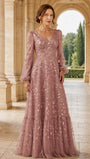 Leaf Sequin Embroidery Tulle Long Sleeve Elegant Mother Dress for Wedding