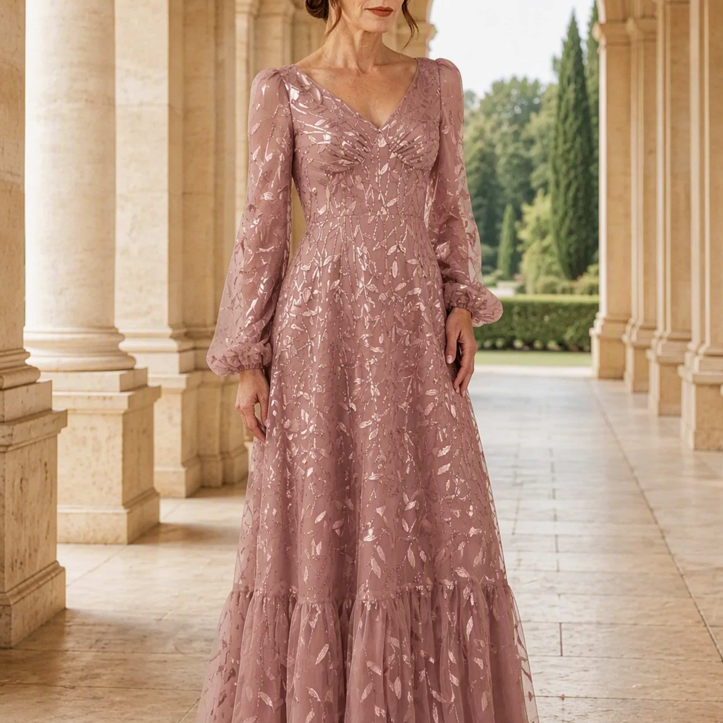 Leaf Sequin Embroidery Tulle Long Sleeve Elegant Mother Dress for Wedding