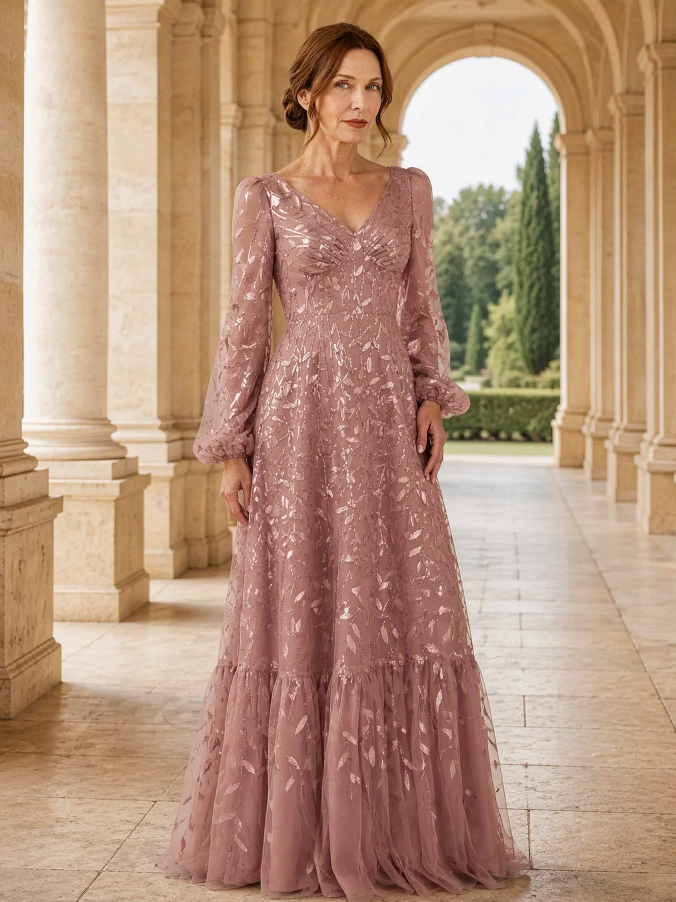 Leaf Sequin Embroidery Tulle Long Sleeve Elegant Mother Dress for Wedding