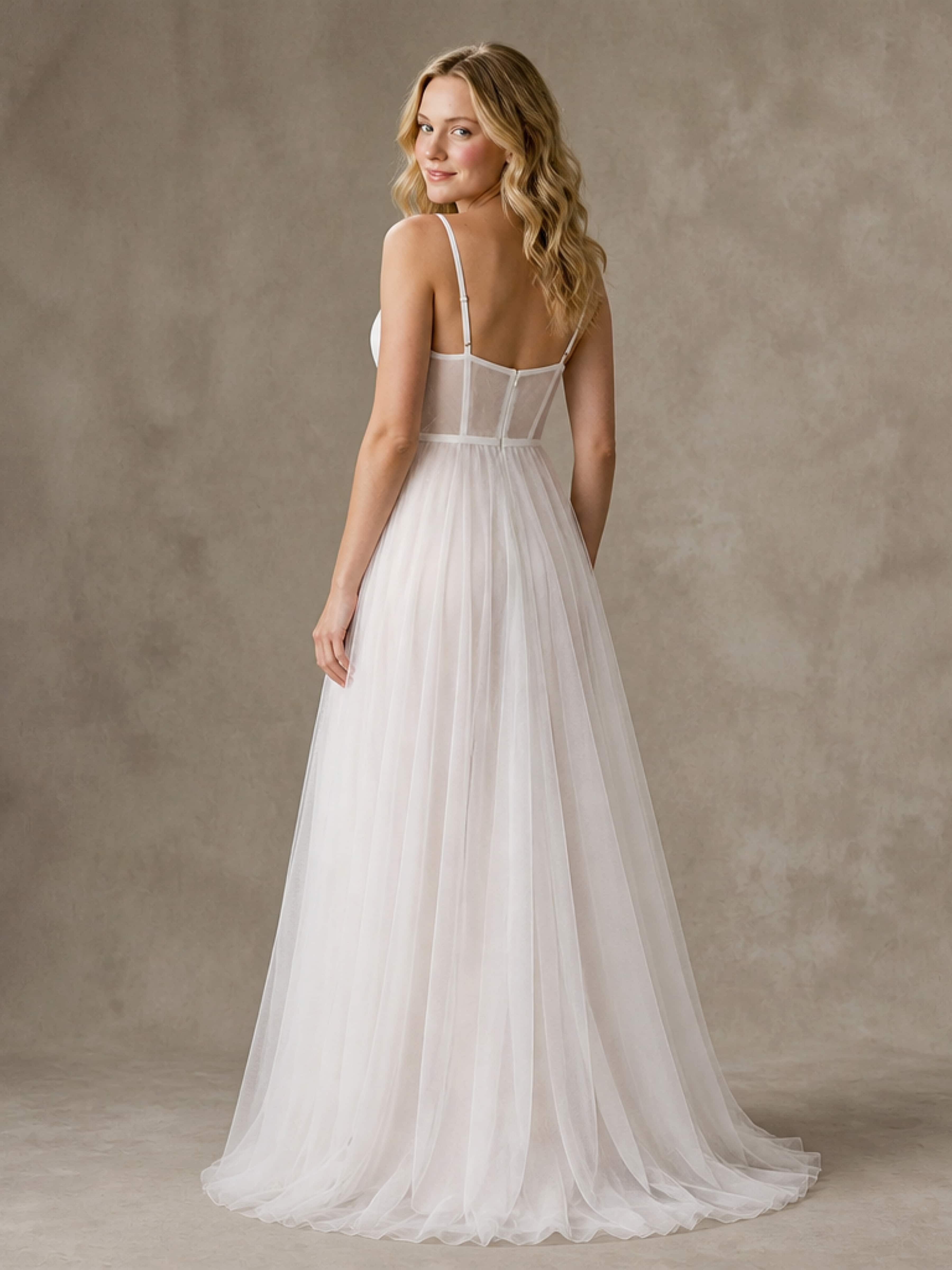Floor Length Spaghetti Straps Tulle Simple Wedding Dress