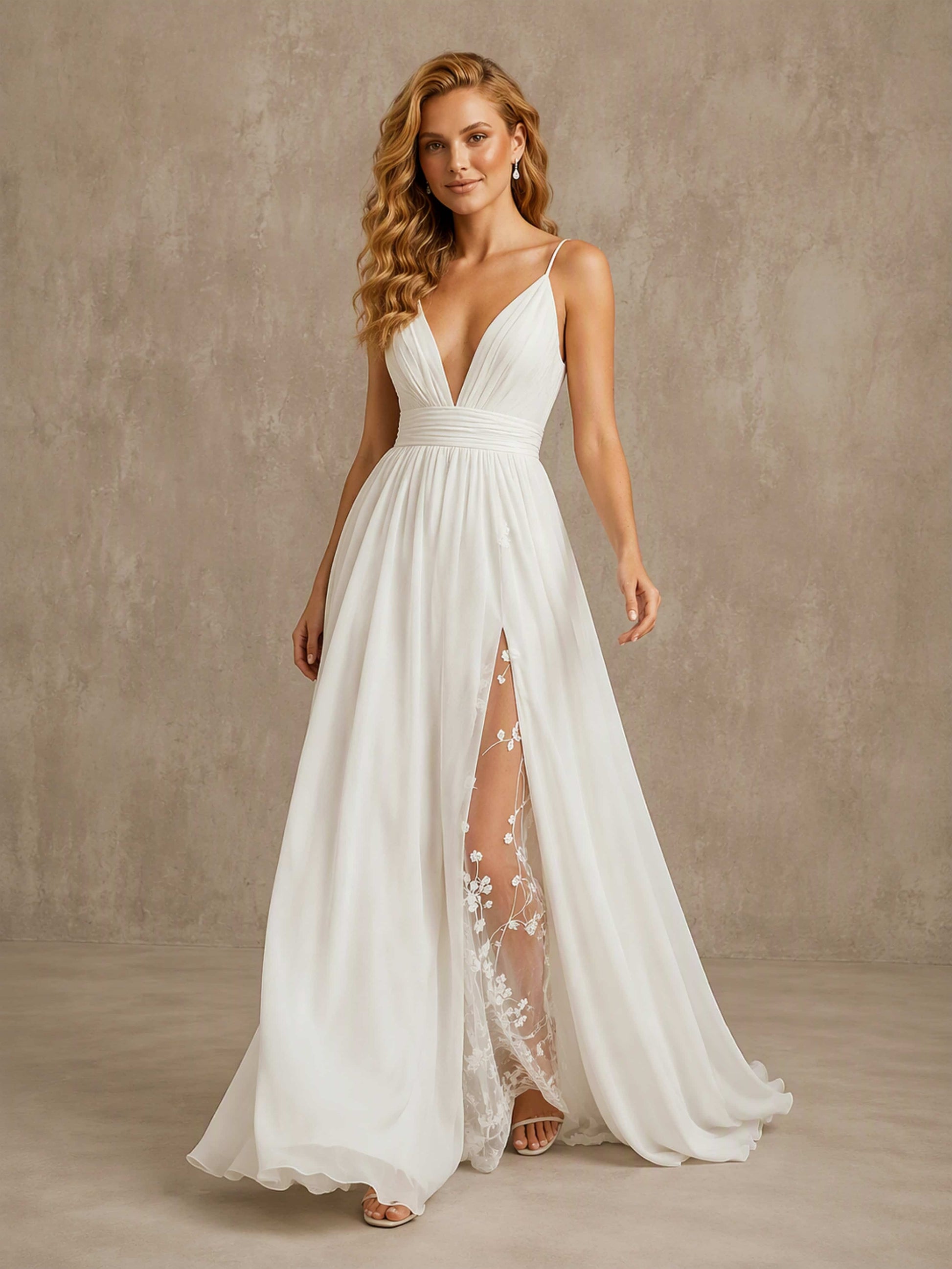 V Neck Spaghetti Straps Chiffon Floral Embroidery Wedding Dress