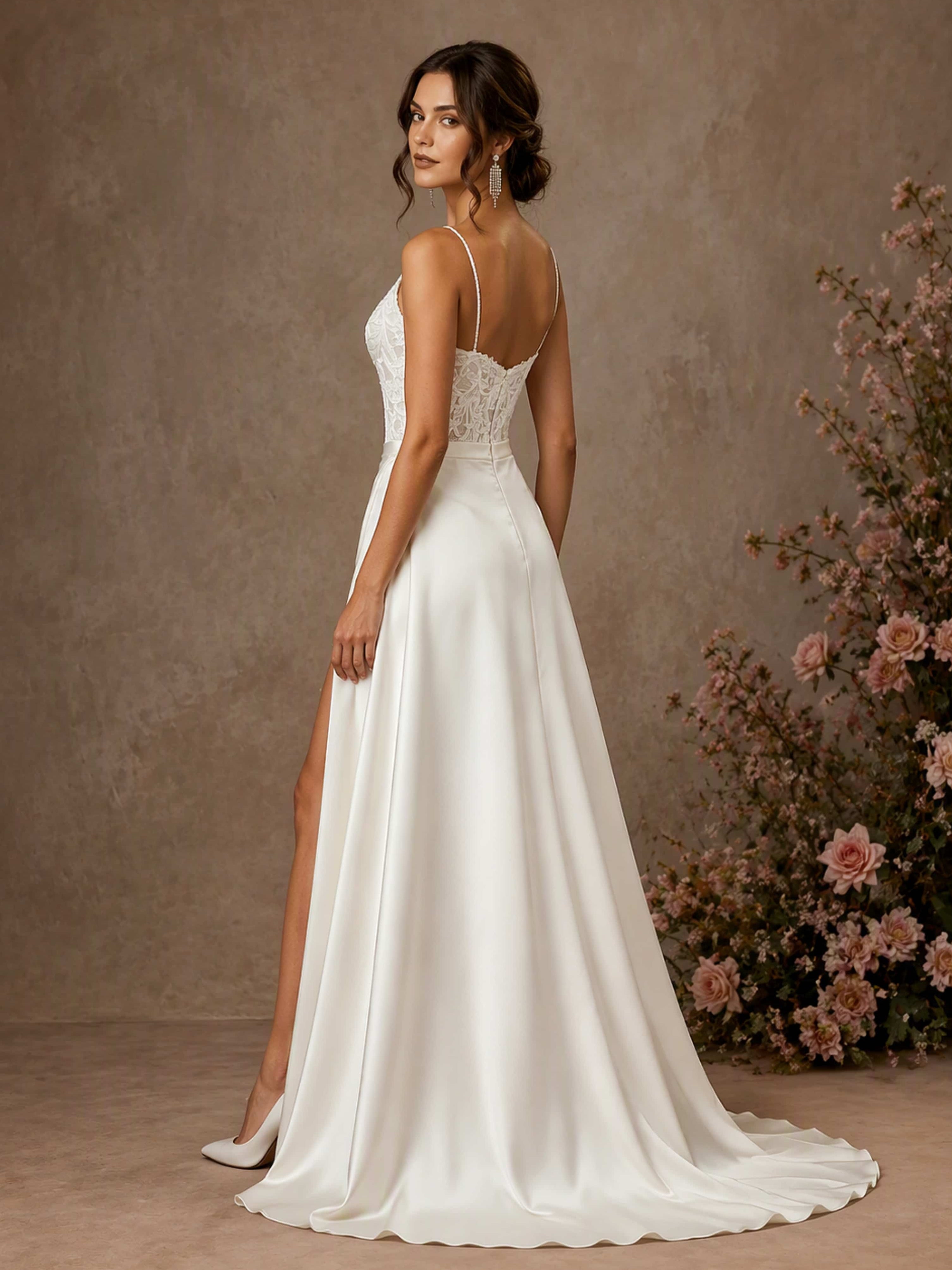 Spaghetti Straps Lace Satin V-Neck Wedding Dress with Slit