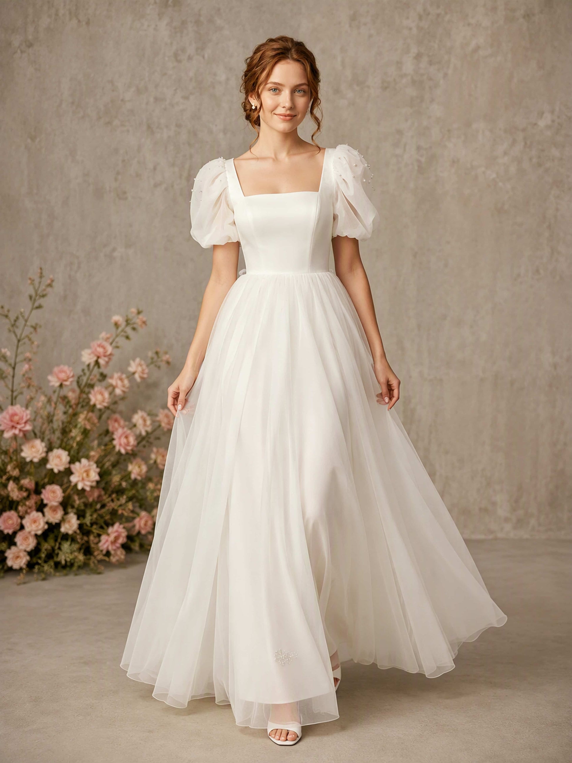 Square Neck Puff Sleeve Womens Wedding Dress Satin Tulle Evening Gown