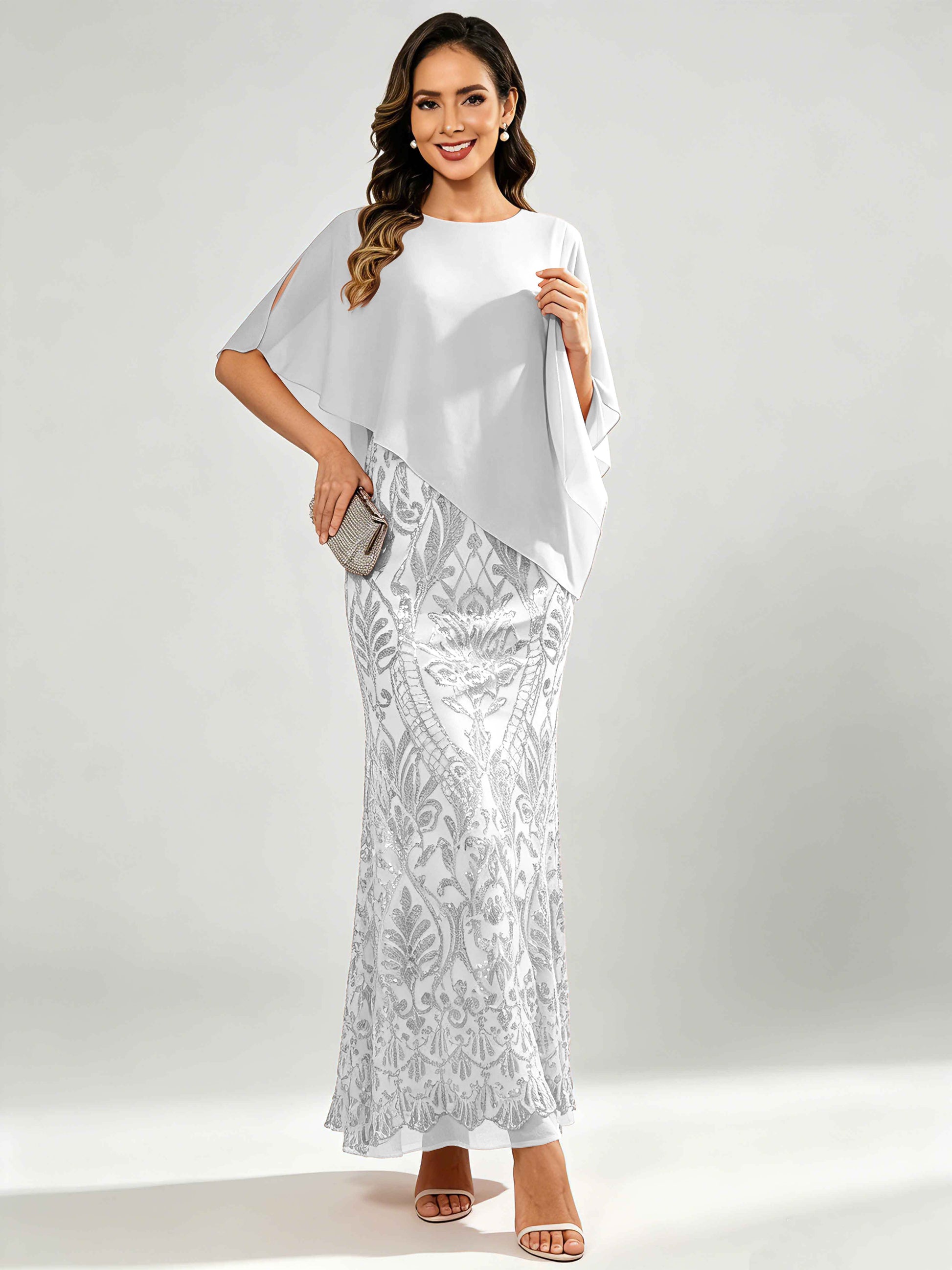 Mermaid Sequin Mother of The Bride Dress with Chiffon Cape