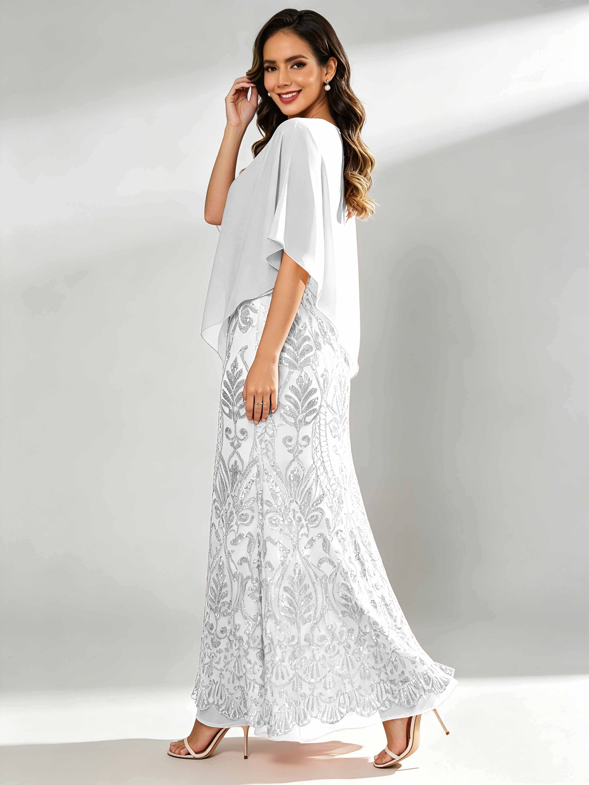Mermaid Sequin Mother of The Bride Dress with Chiffon Cape