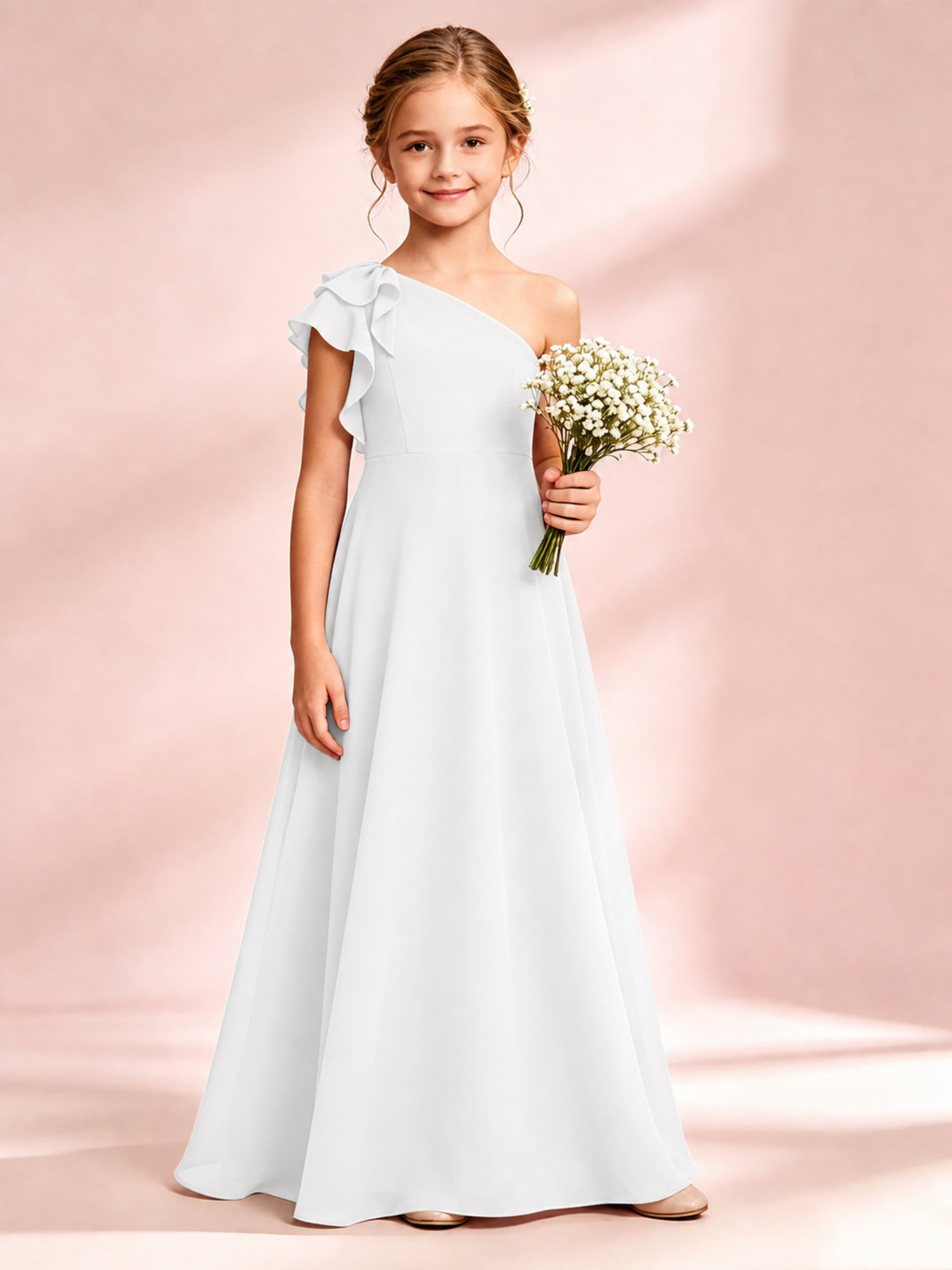 Chiffon Junior Bridesmaid Dress for Wedding One Shoulder Flower Girl Dresses