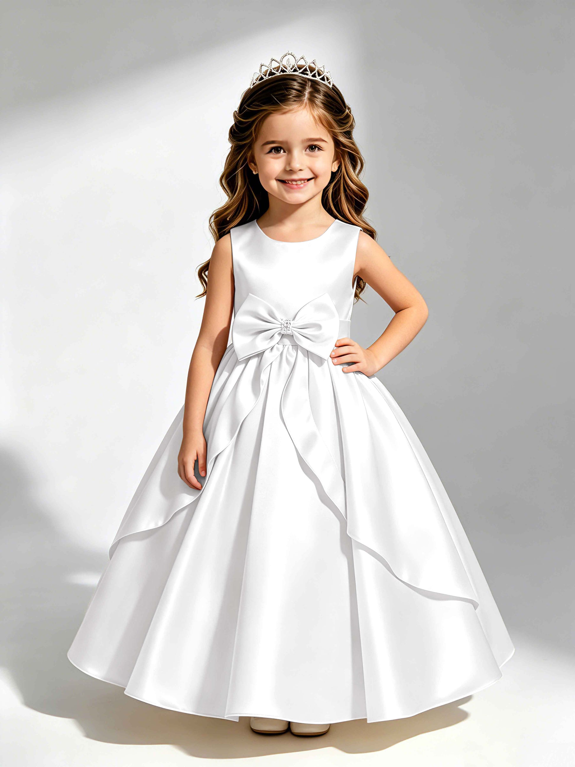 Satin Flower Girl Dress with Bow Princess Girls Pageant Gowns