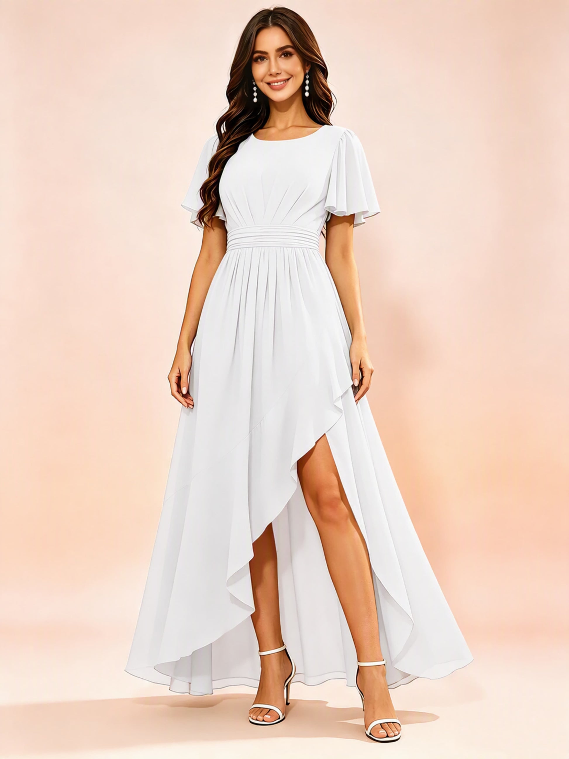 Chiffon High Low Round Neck Bridesmaid / Wedding Guest Dresses