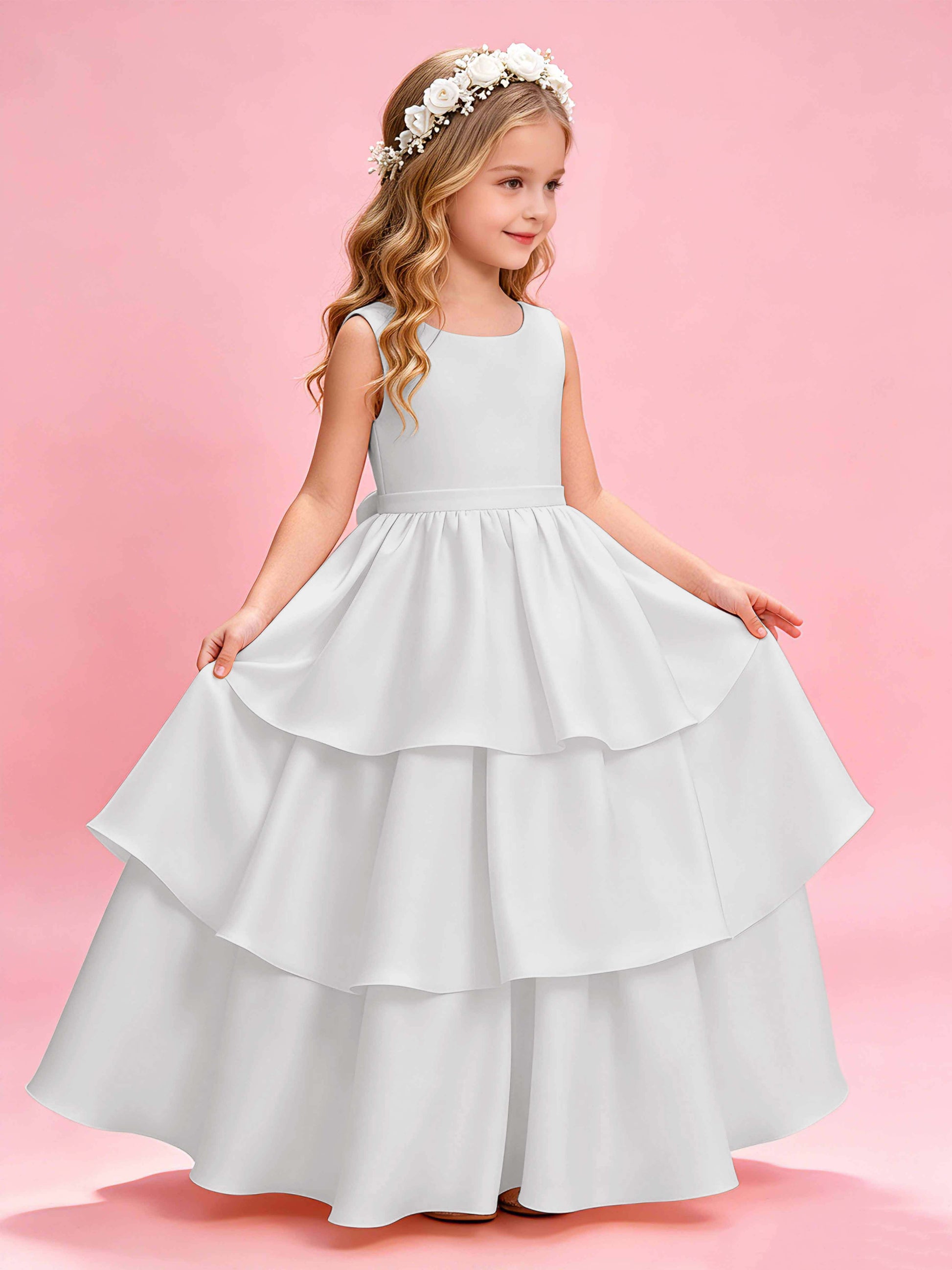 Tiered Flower Girl Dress with Bow Princess Girls Pageant Gowns