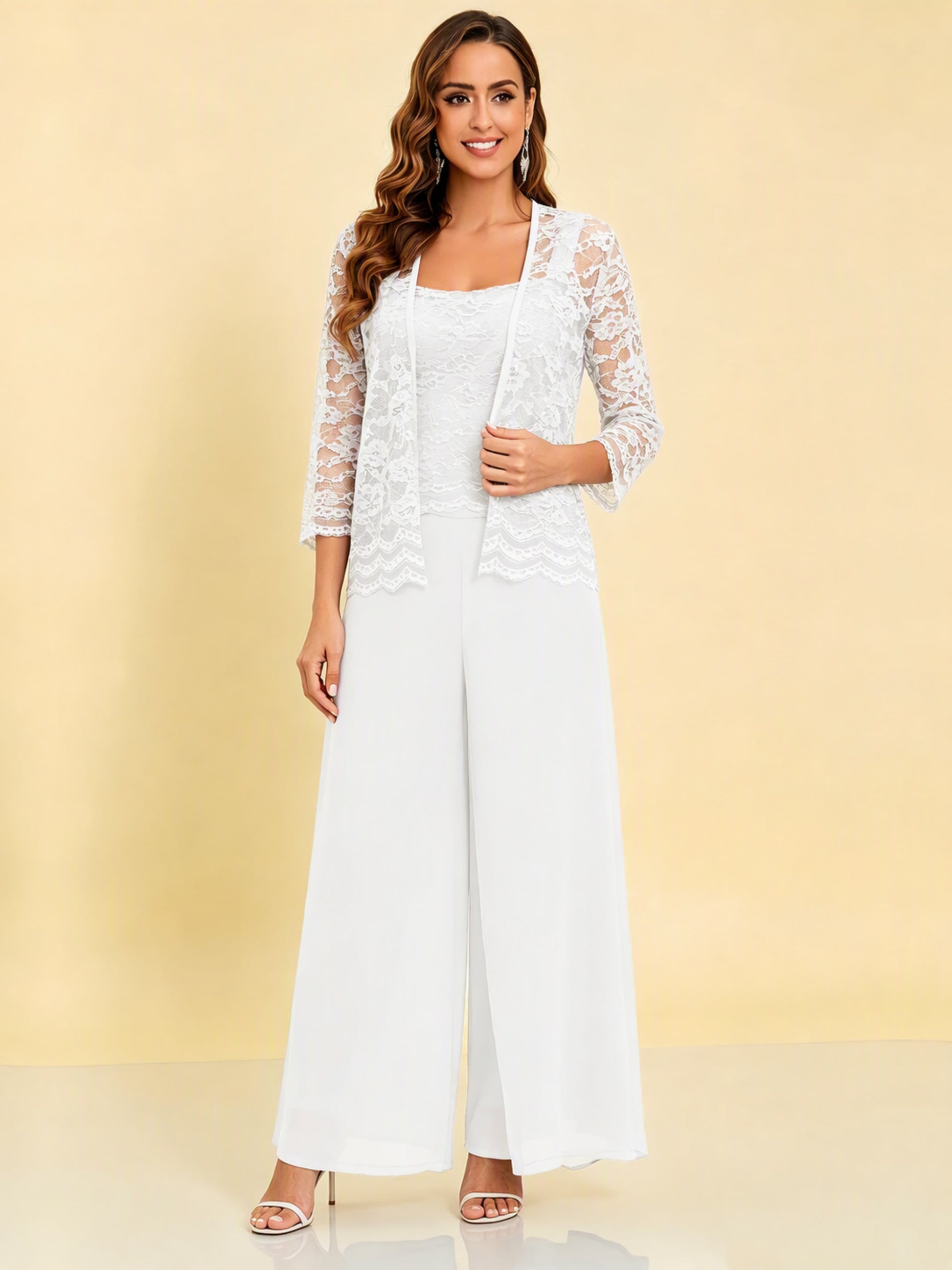 Chiffon Lace Flowy 3 Pieces Mother of The Bride Pant Suits Women Wedding