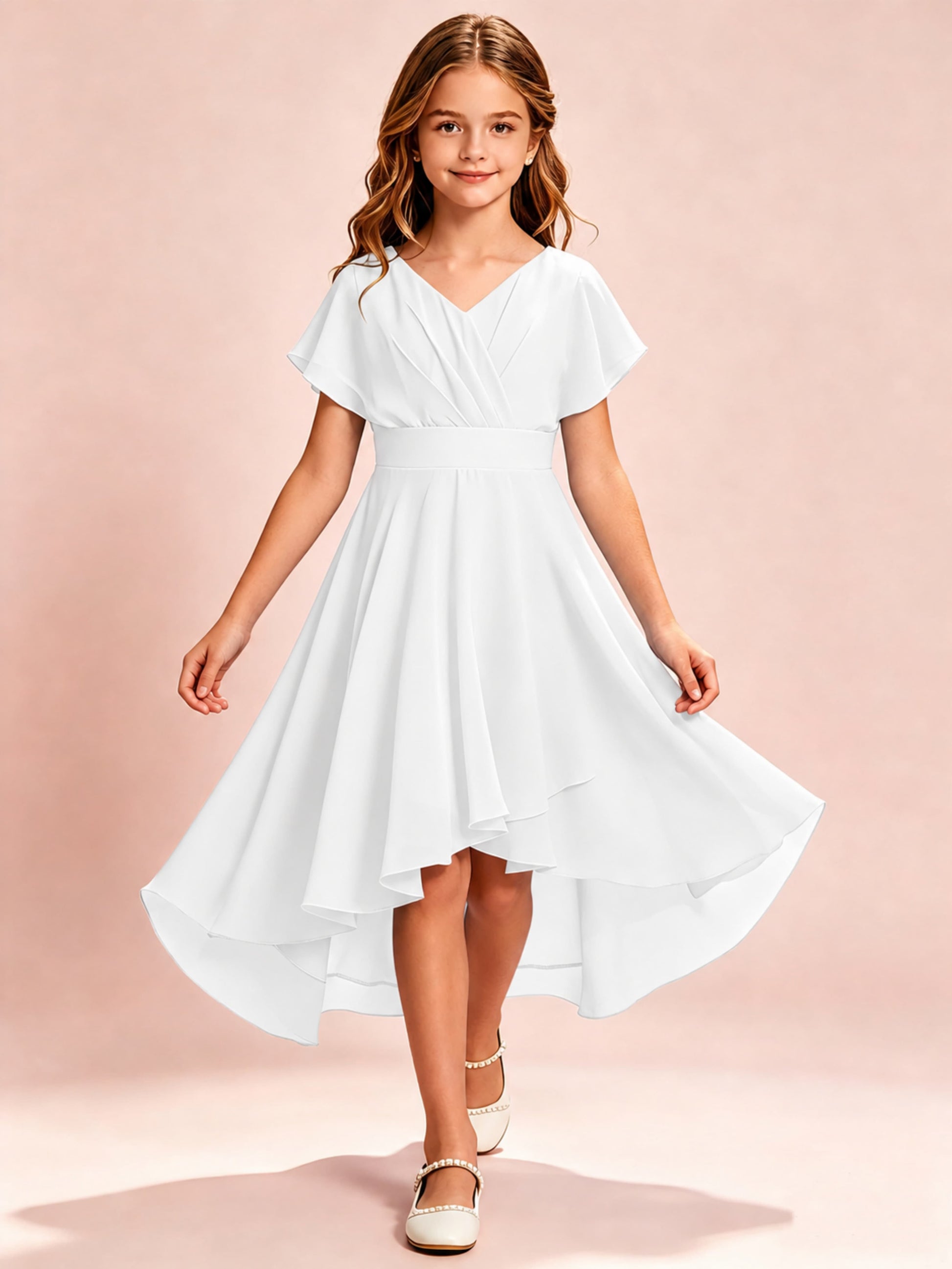 Chiffon High Low Cap Sleeve Junior Bridesmaid Dress for Wedding