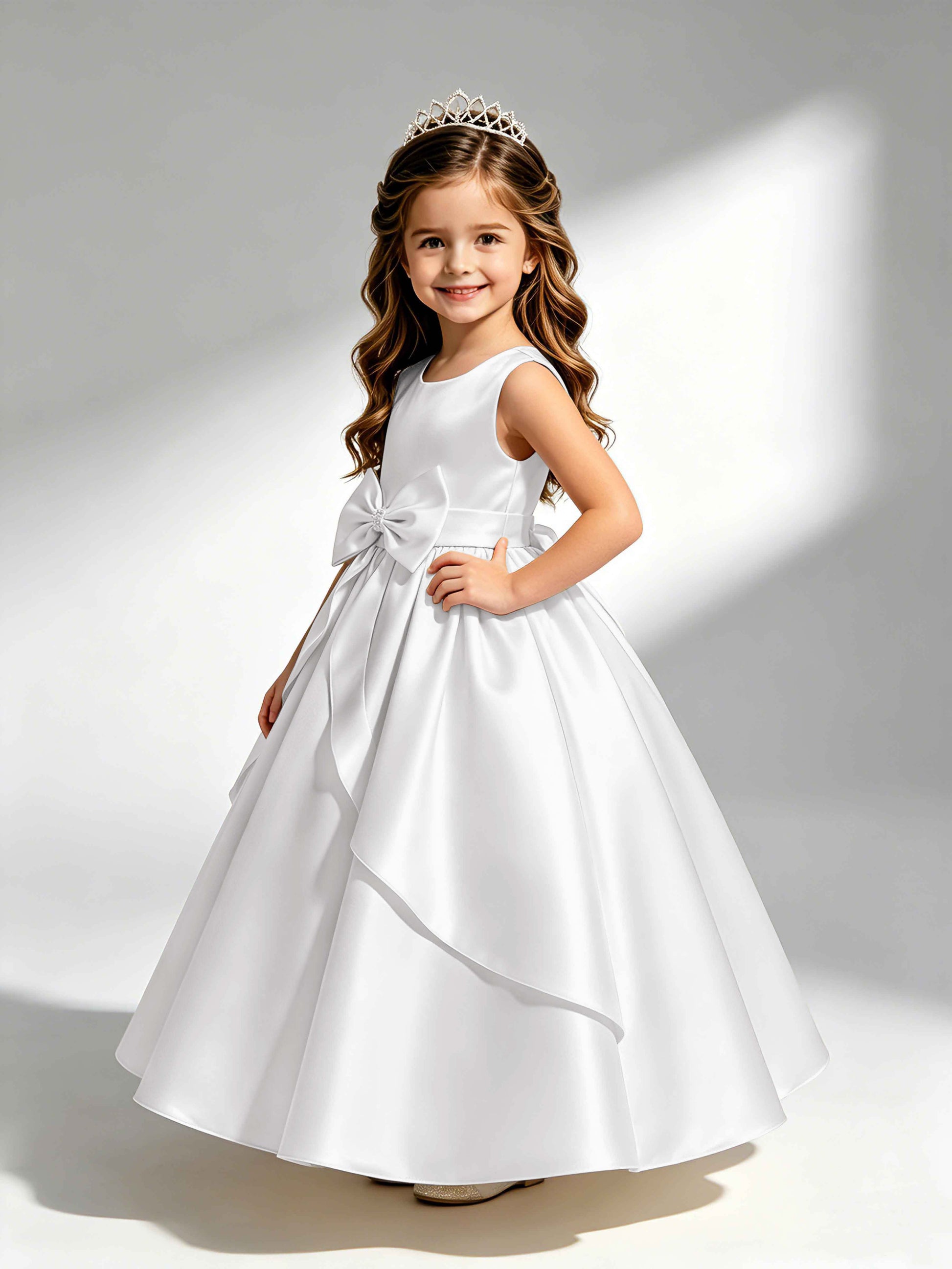 Satin Flower Girl Dress with Bow Princess Girls Pageant Gowns