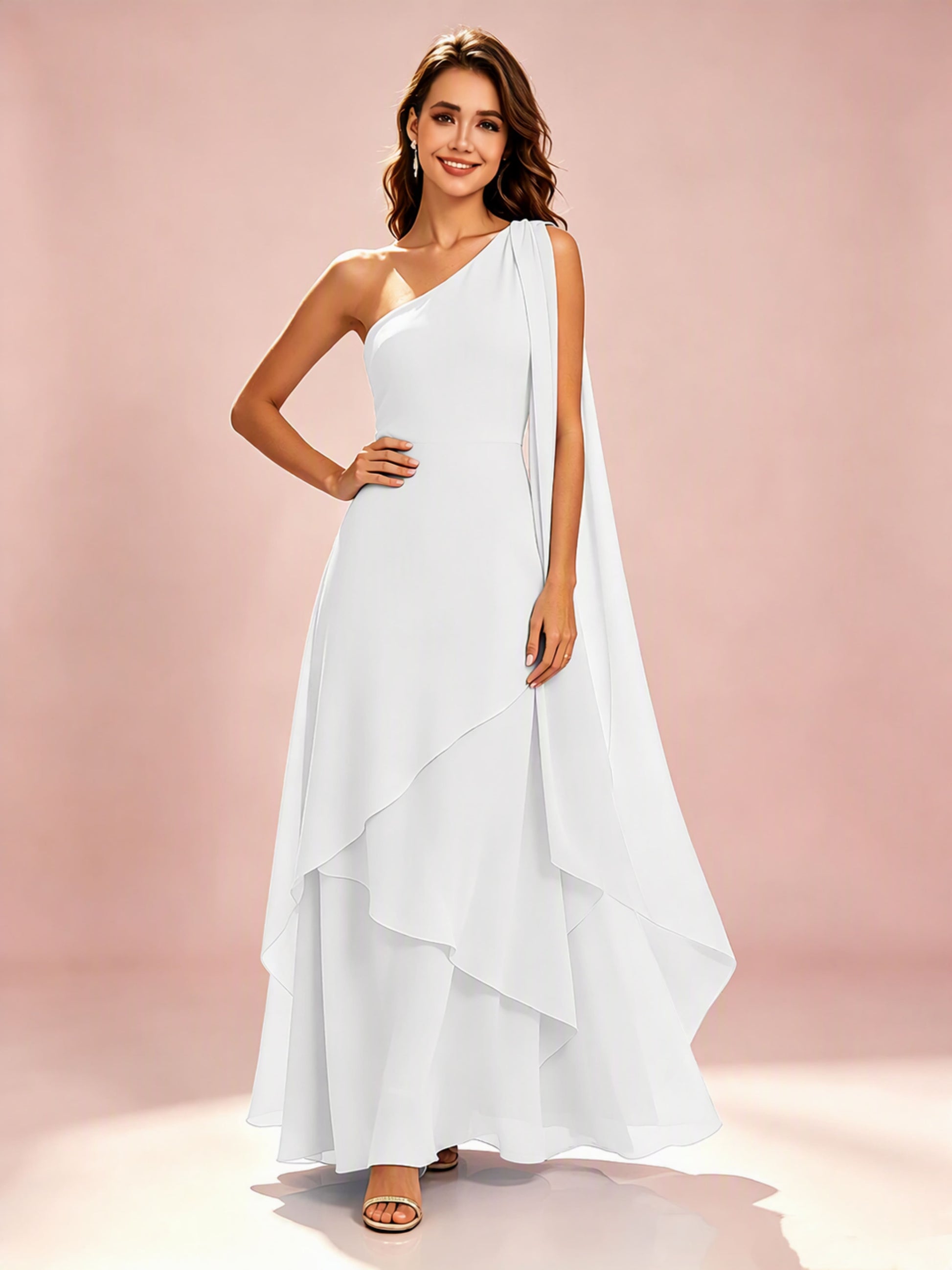One Shoulder Chiffon Tiered Layered Bridesmaid Dresses for Wedding