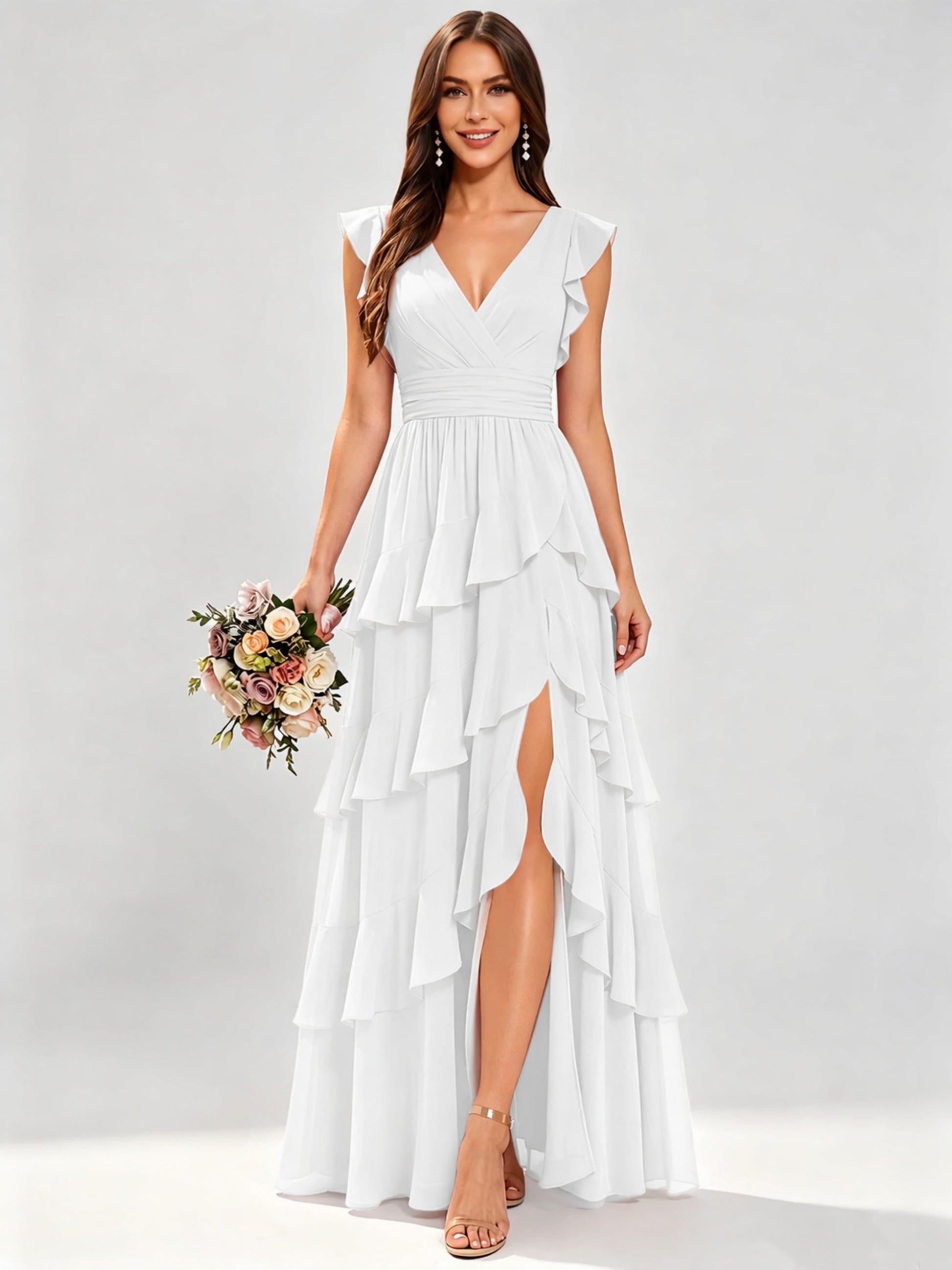 Ruffle Sleeve Tiered Chiffon Bridesmaid Dresses for Wedding with Slit