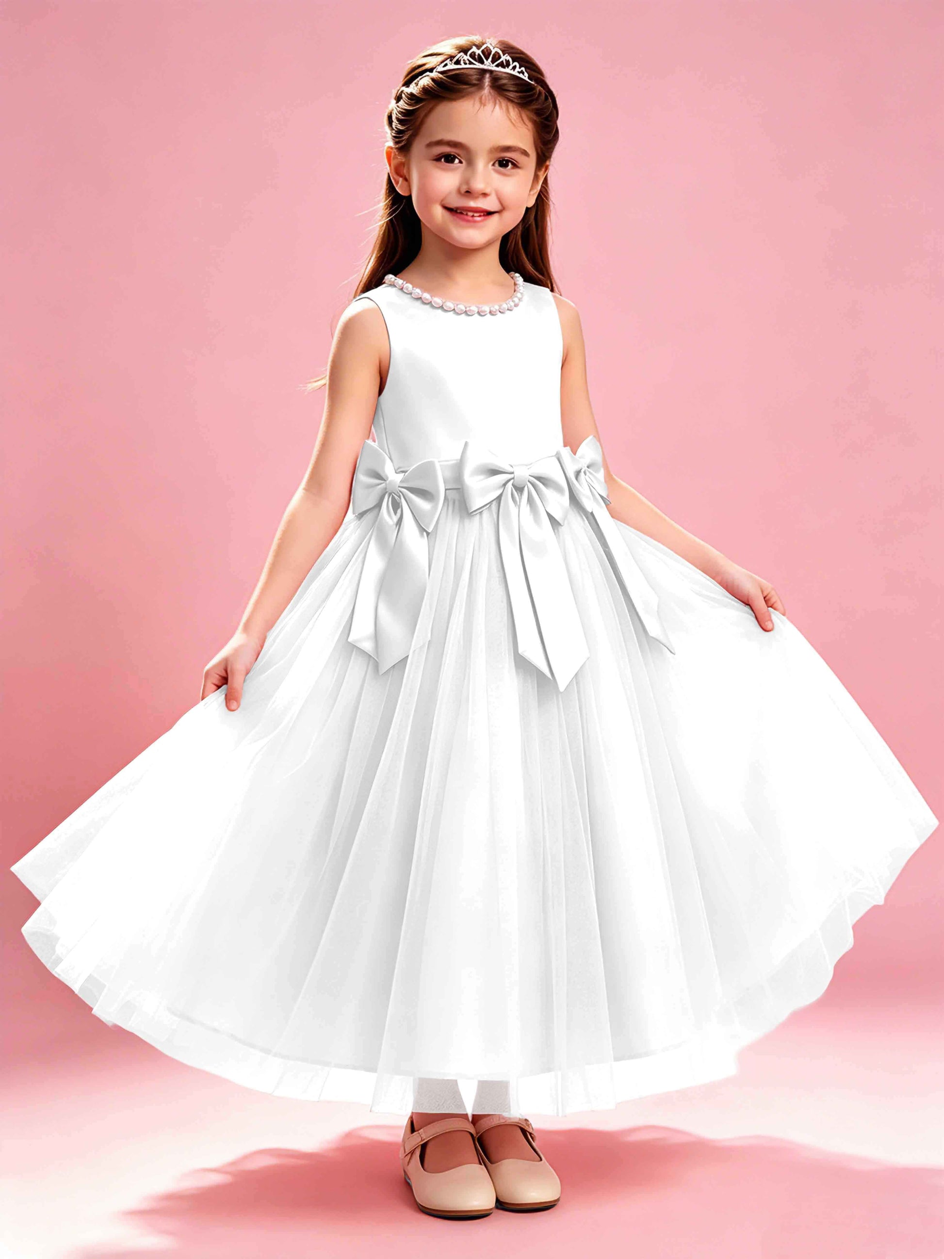 Satin Tulle Flower Girl Dress with Bow Princess Girls Pageant Gowns