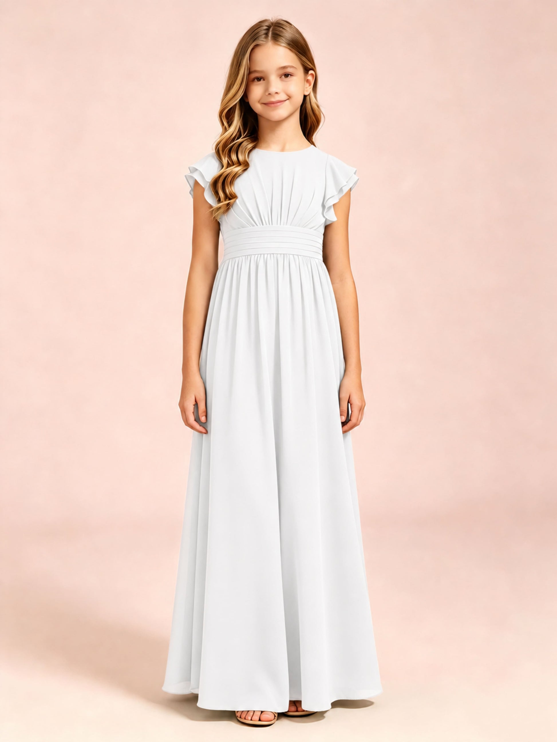 Chiffon Ruffle Cap Sleeve Junior Bridesmaid Dress for Wedding