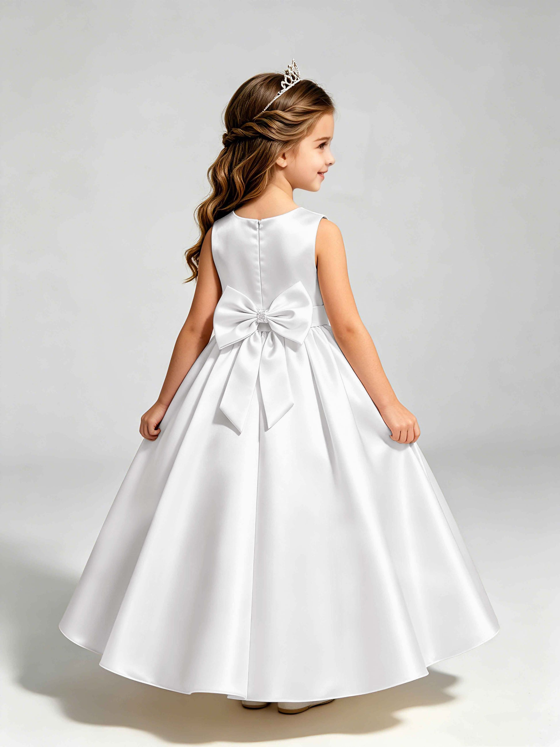 Satin Flower Girl Dress with Bow Princess Girls Pageant Gowns