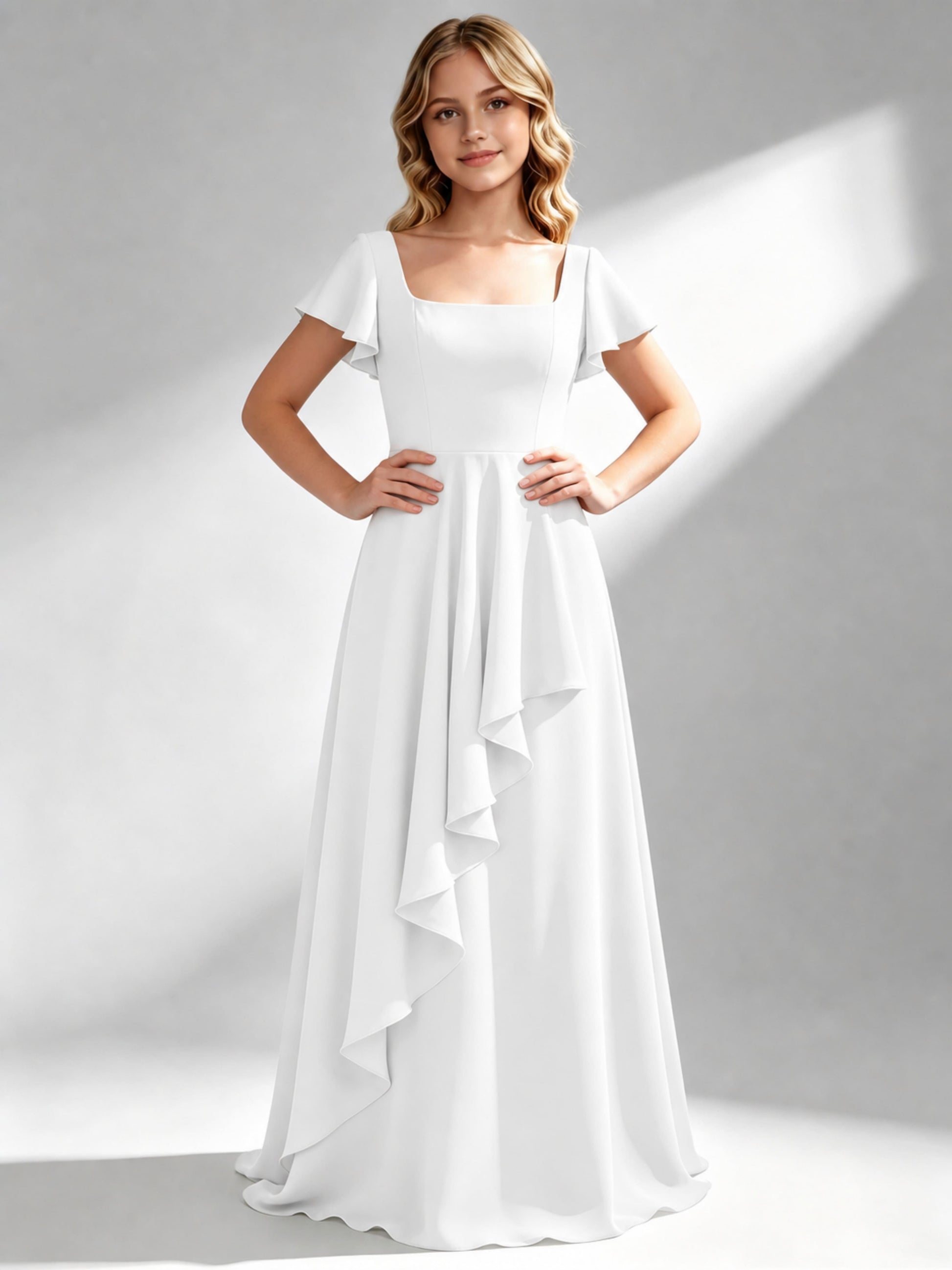 A-Line Square Neck Ruffle Junior Bridesmaid Dresses