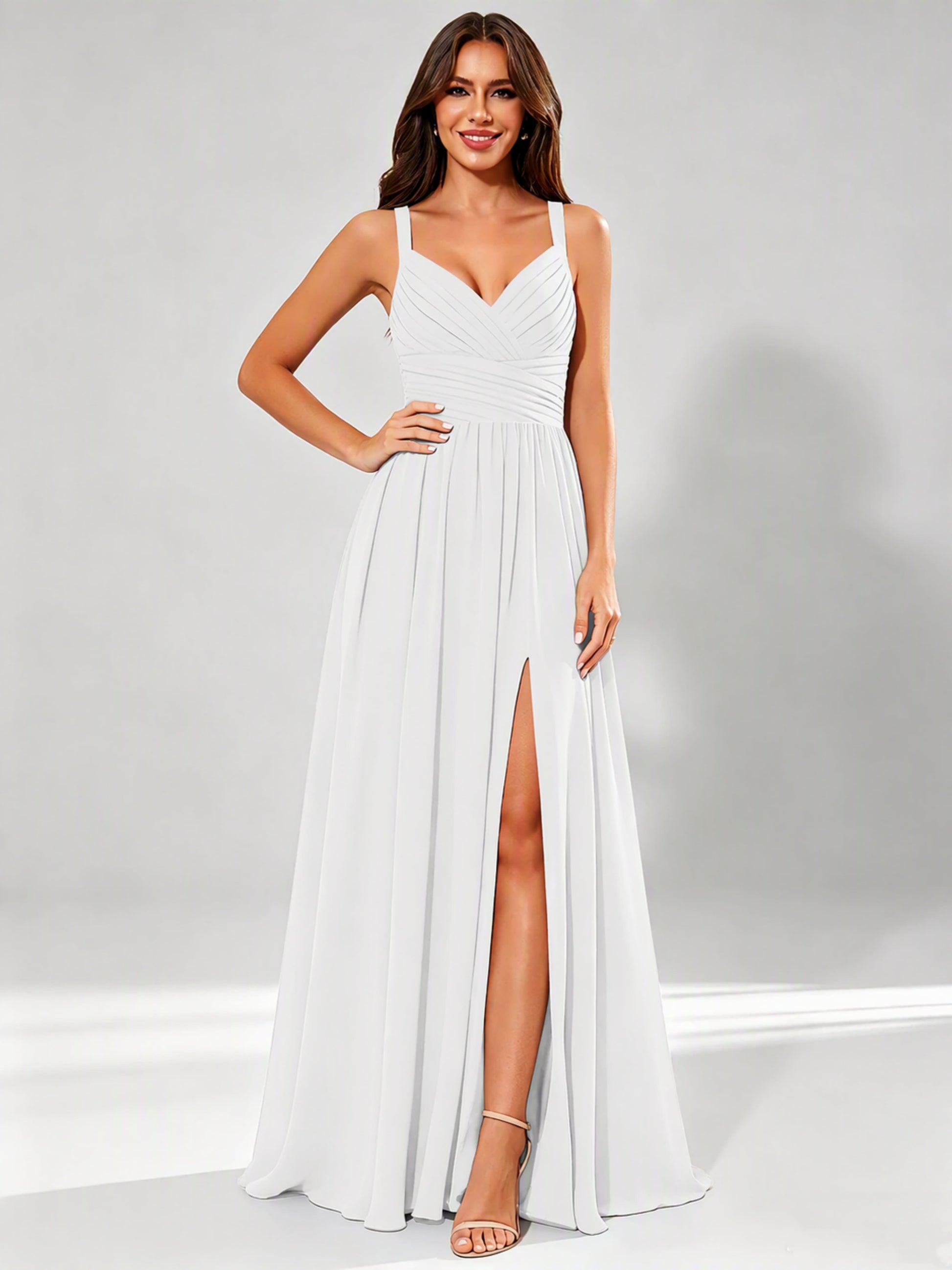 Spaghetti Straps Chiffon Ruched Bust Pleated Bridesmaid Dress for Wedding