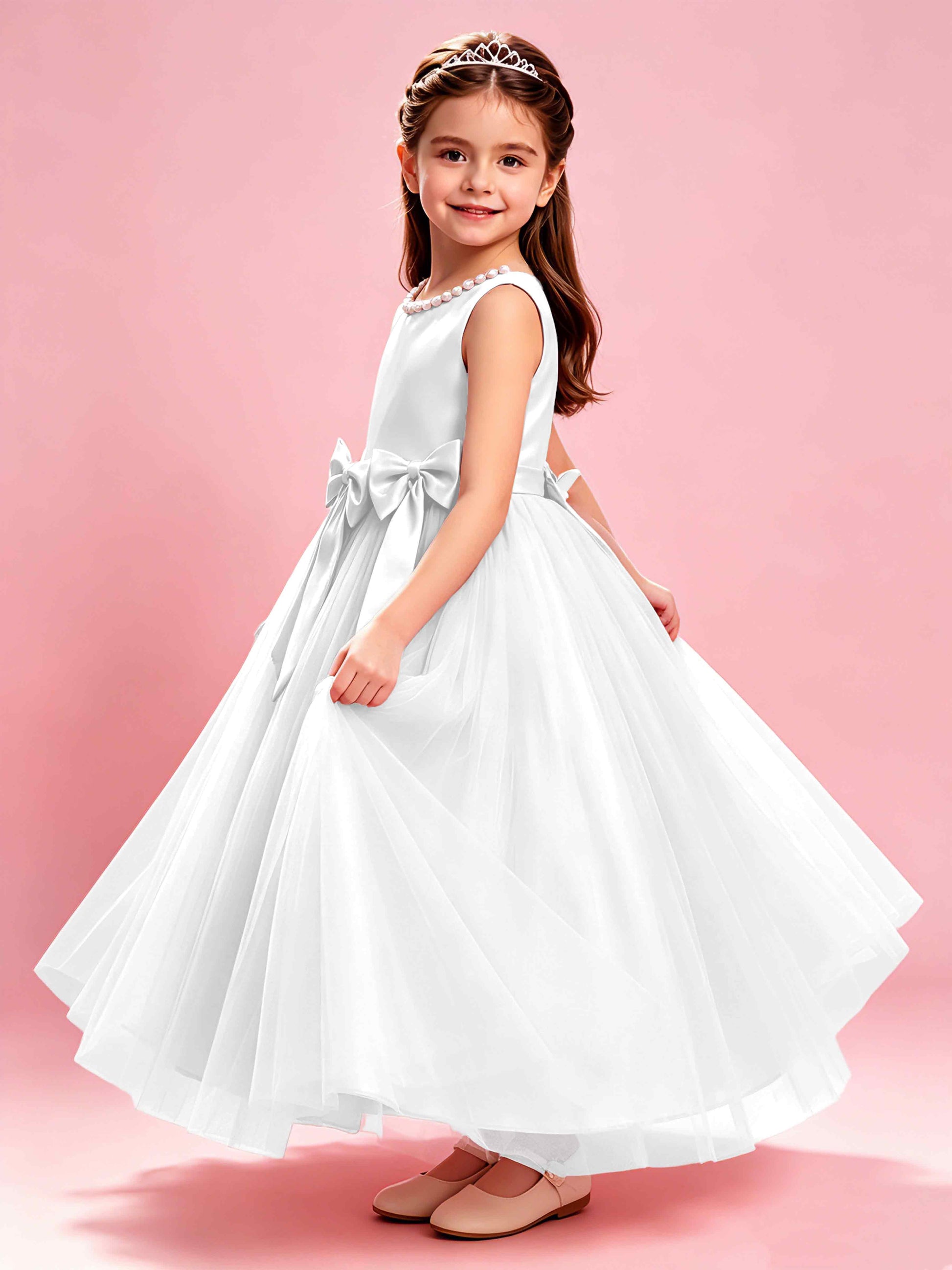 Satin Tulle Flower Girl Dress with Bow Princess Girls Pageant Gowns