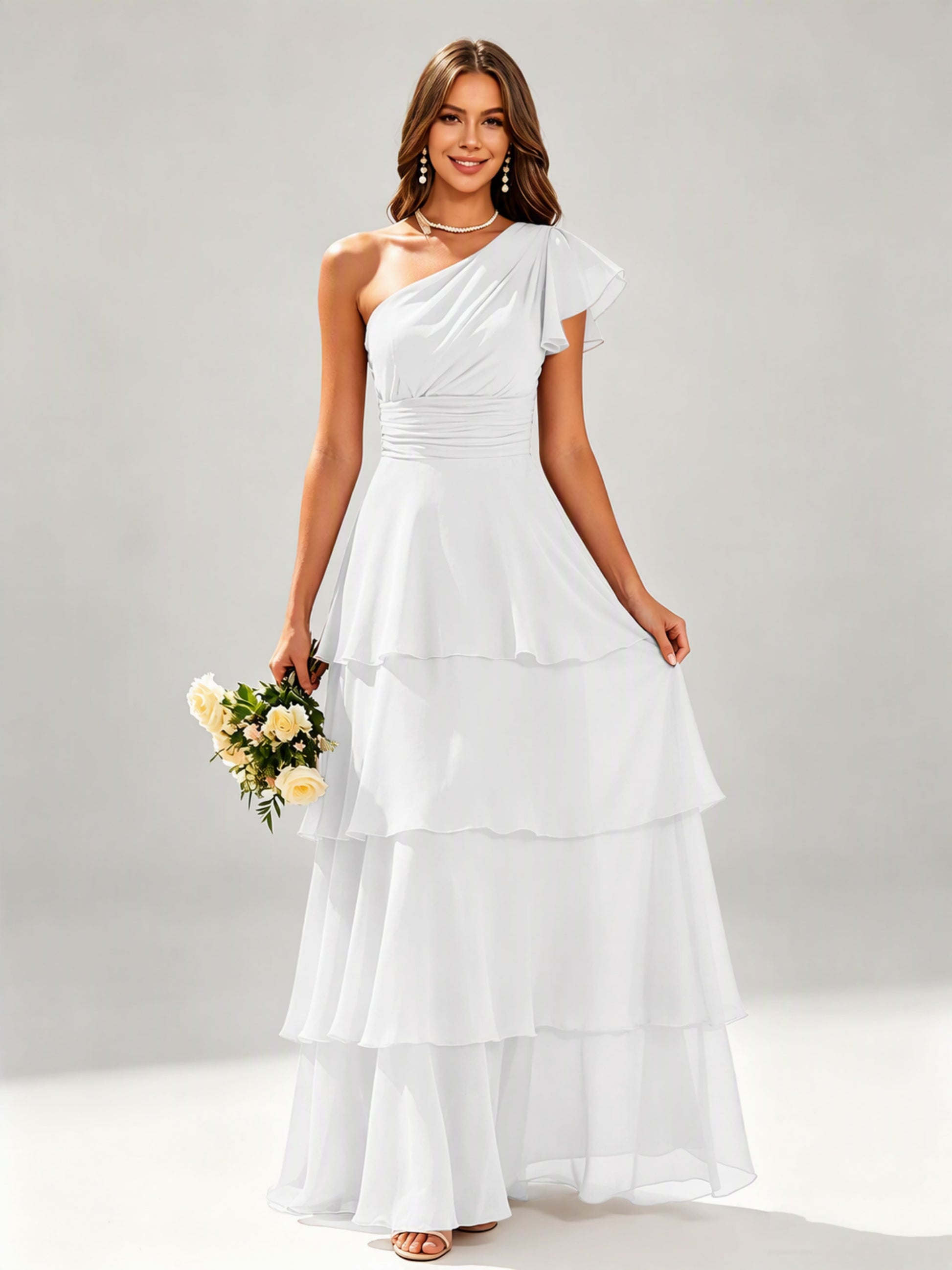 One Shoulder Ruffle Tiered Chiffon Bridesmaid Dress for Wedding