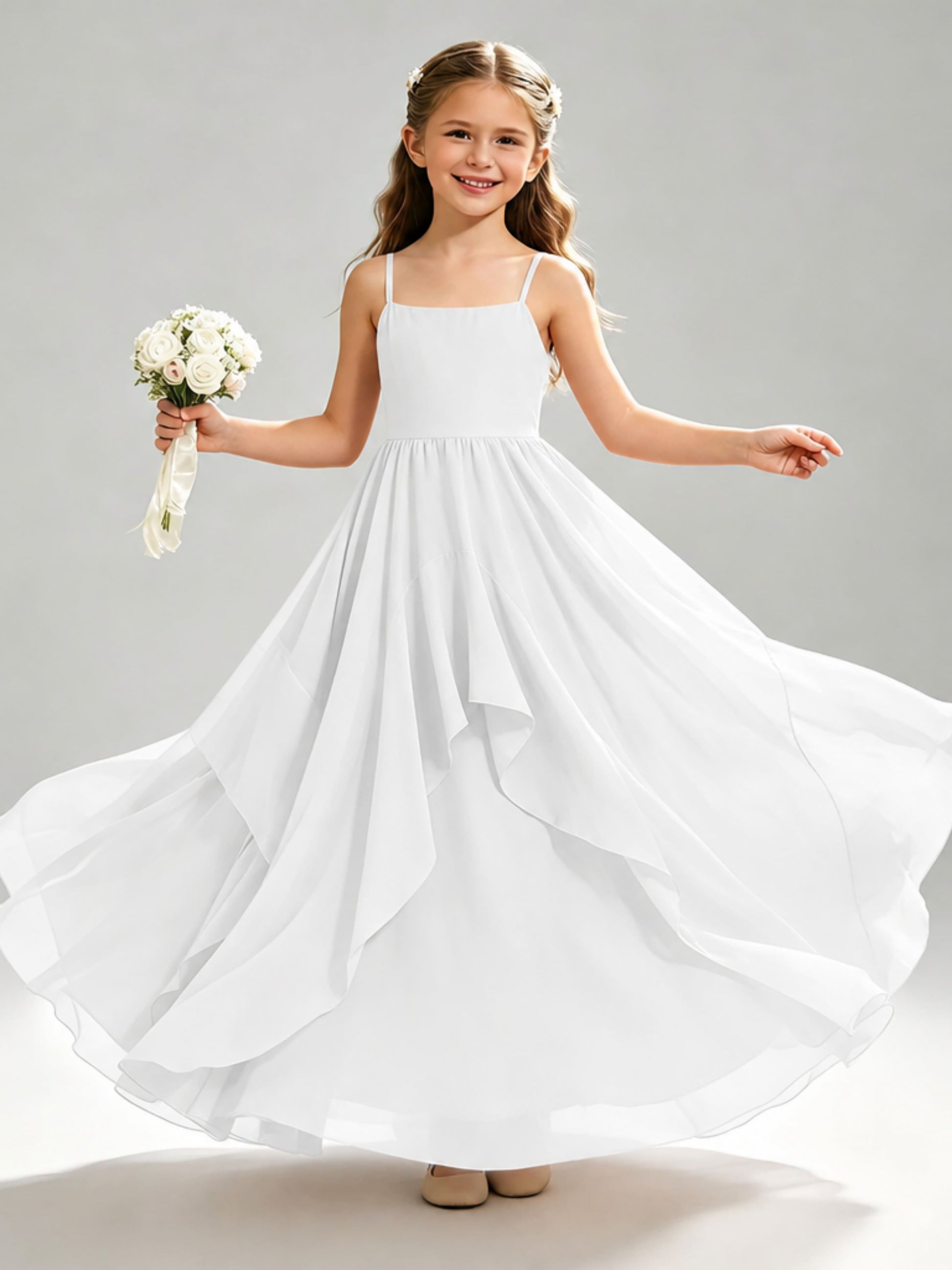 A-Line Spaghetti Straps Ruffle Junior Bridesmaid Dresses