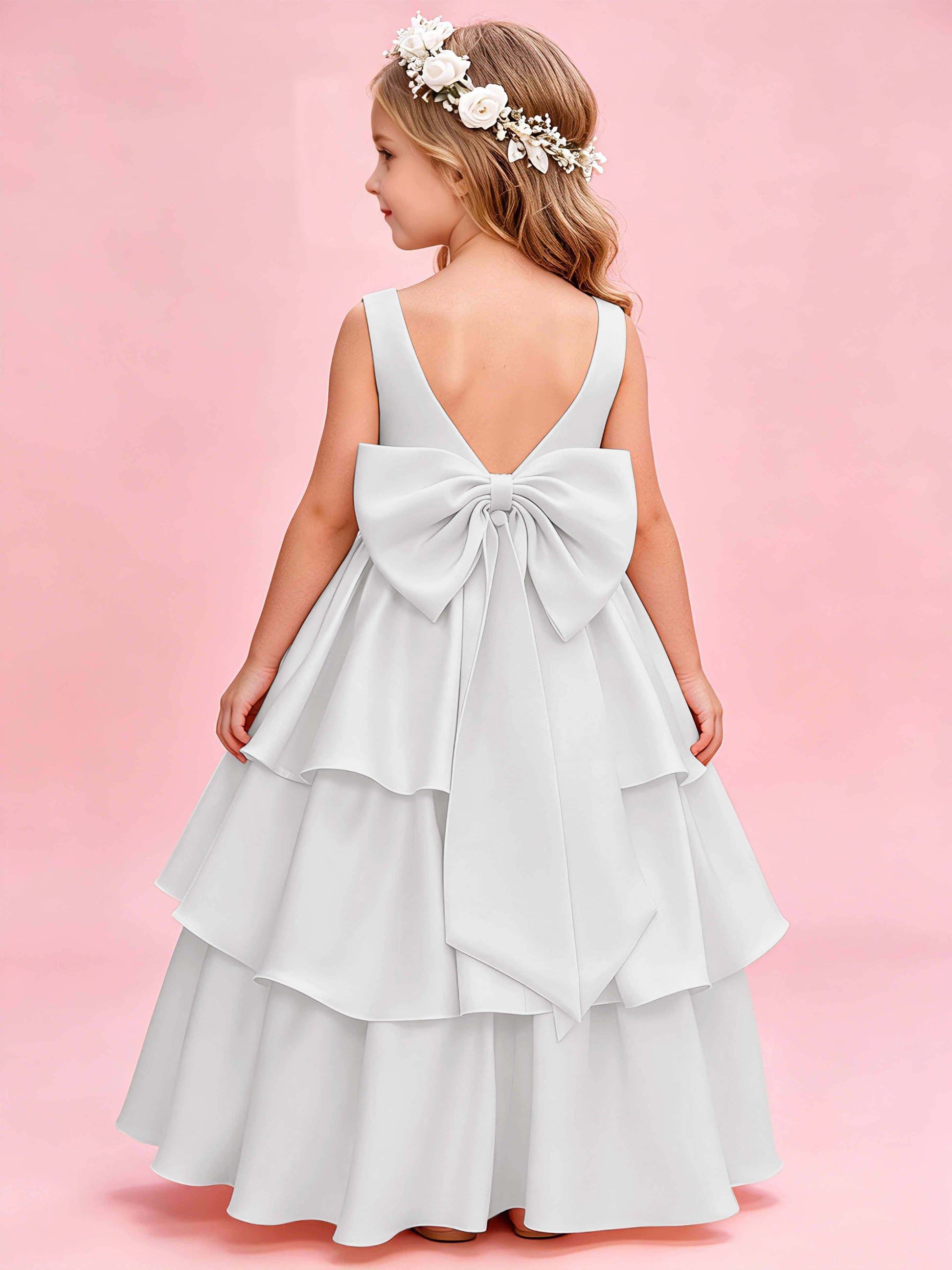 Tiered Flower Girl Dress with Bow Princess Girls Pageant Gowns