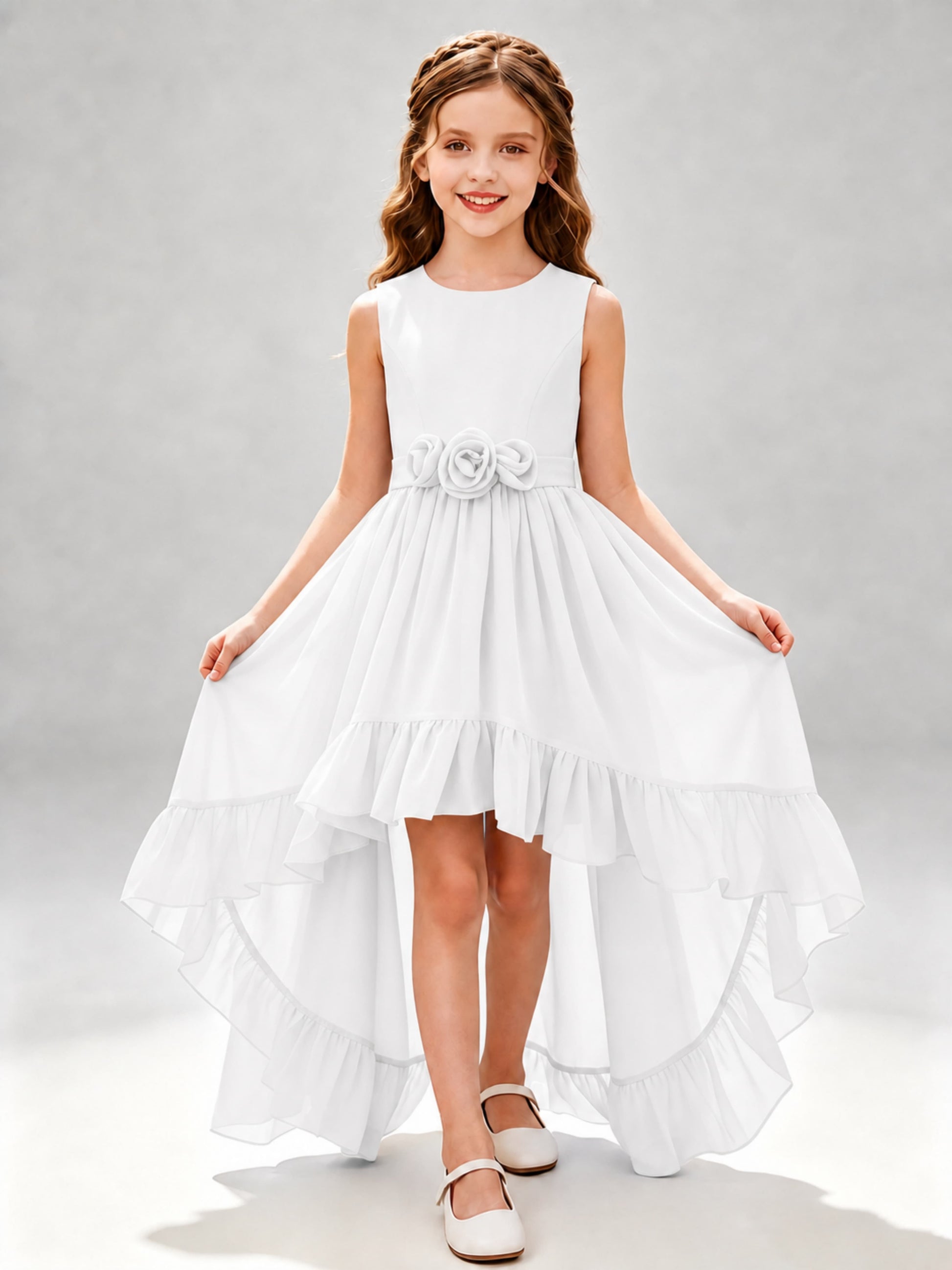 Chiffon 3D Flower High Low Junior Bridesmaid Dresses