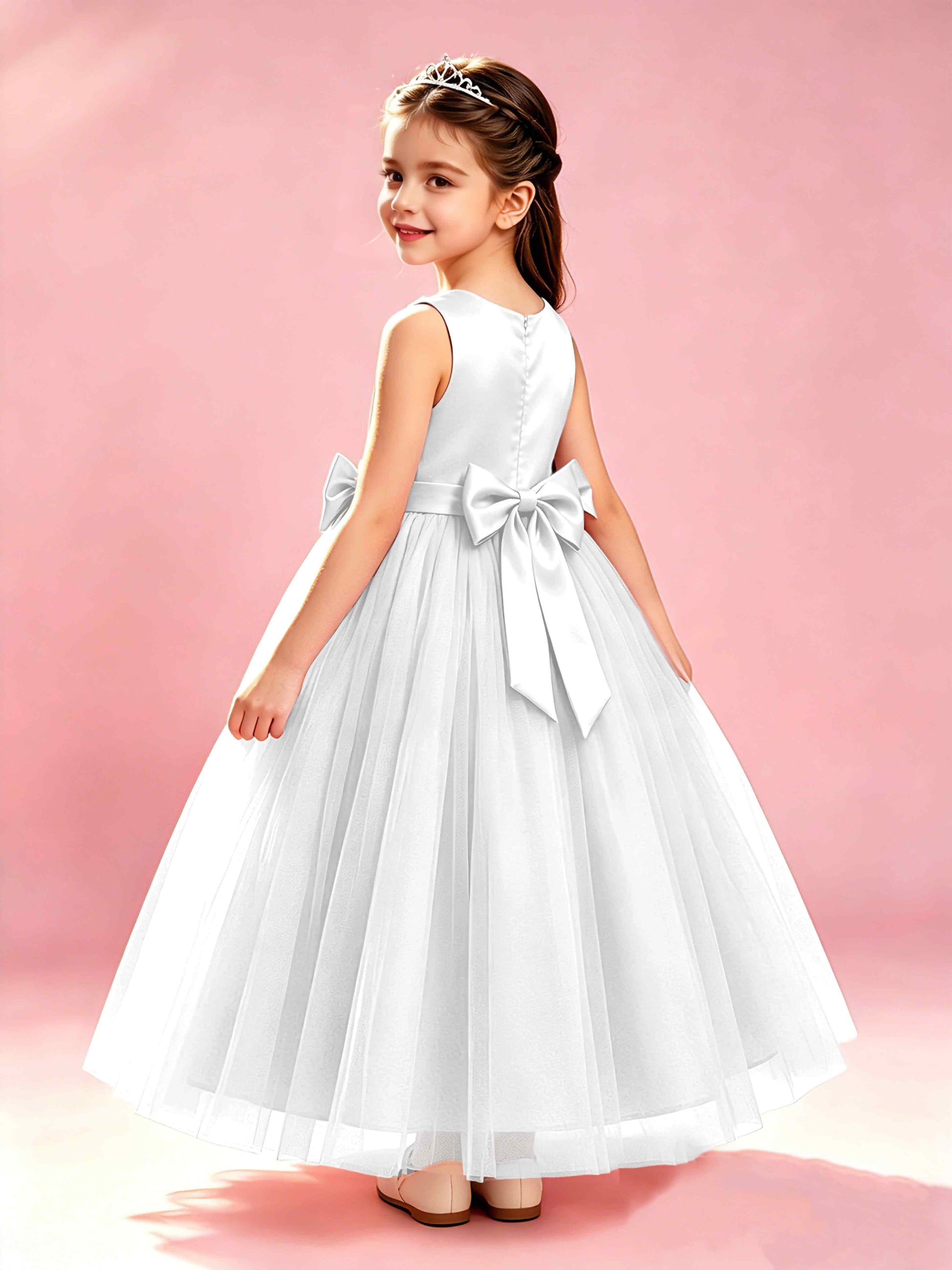 Satin Tulle Flower Girl Dress with Bow Princess Girls Pageant Gowns