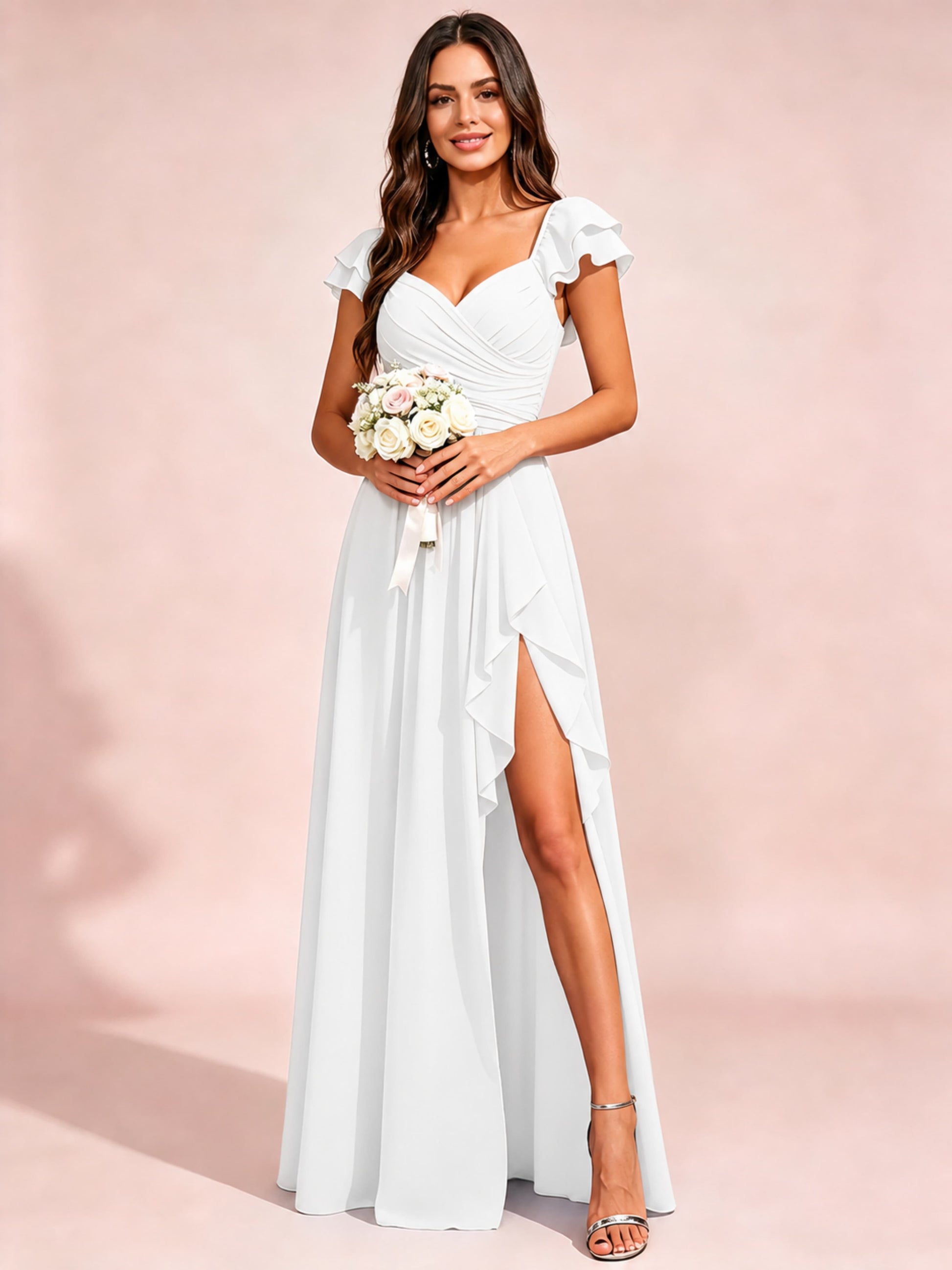 Chiffon Sweetheart Neck Ruched Bust Bridesmaid Dresses with Ruffle Slit