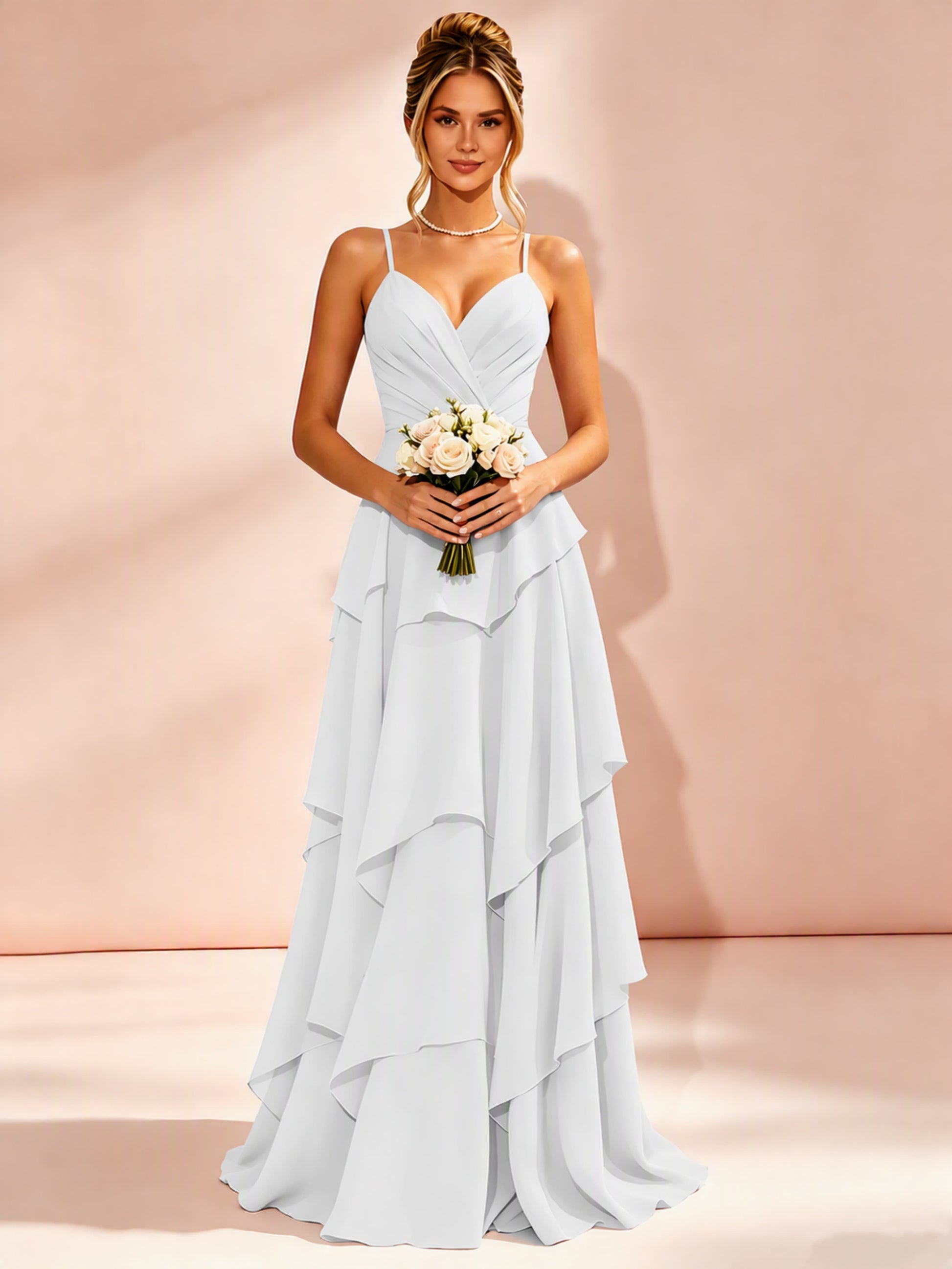 Spaghetti Straps Ruffle Tiered Chiffon Bridesmaid Dress for Wedding