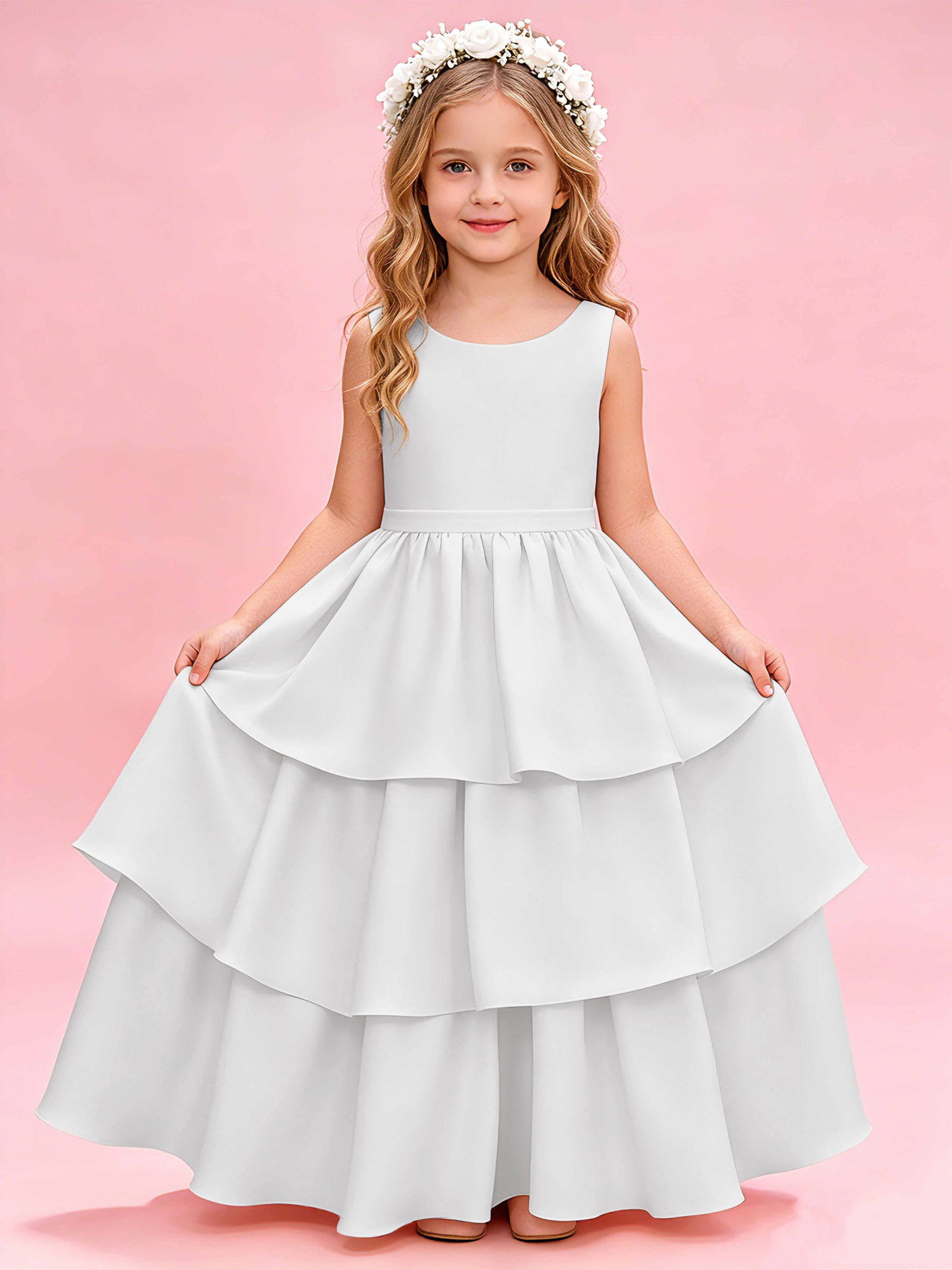 Tiered Flower Girl Dress with Bow Princess Girls Pageant Gowns