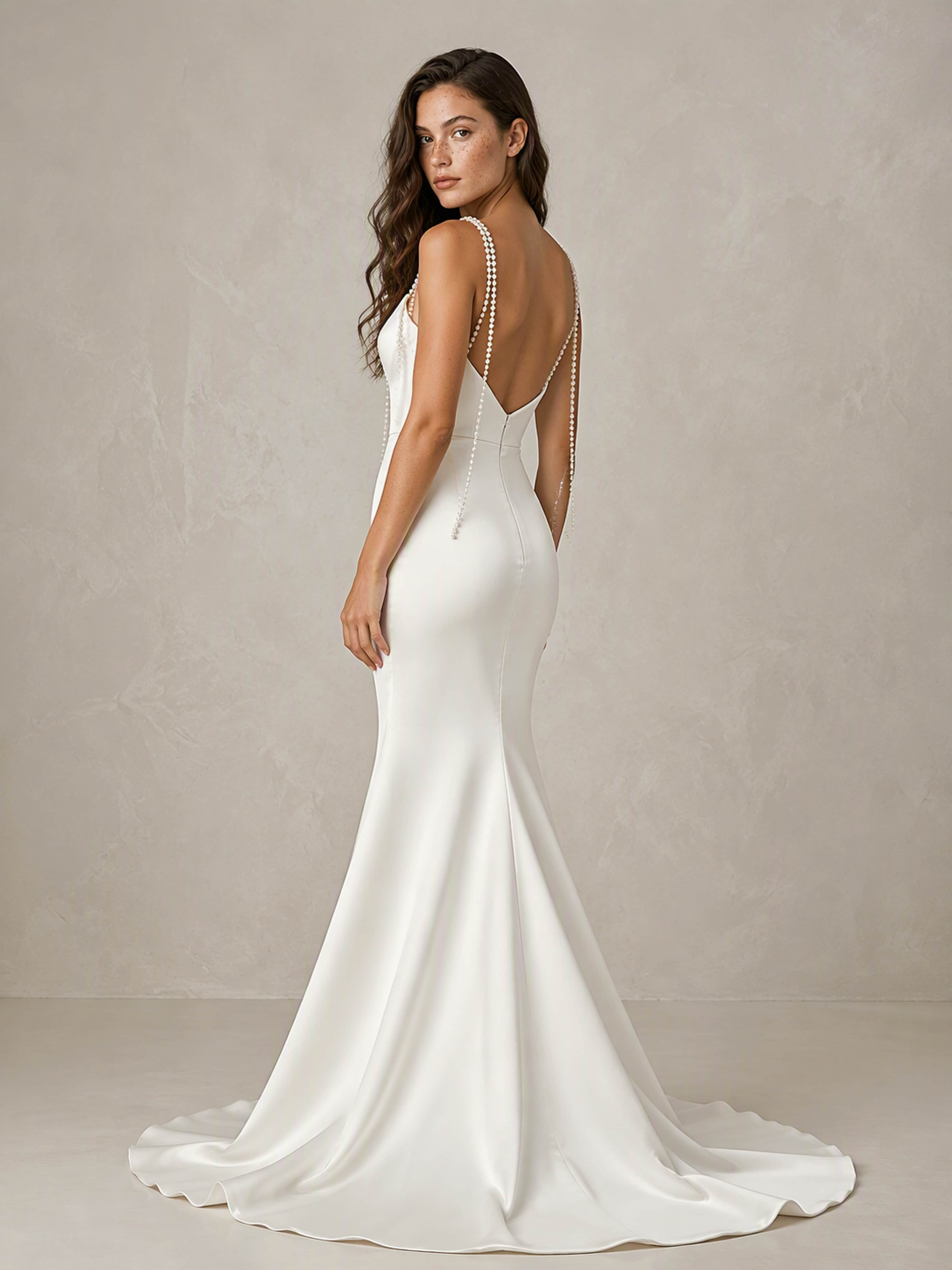 Satin Mermaid Pearl Spaghetti Straps V Neck Wedding Dresses