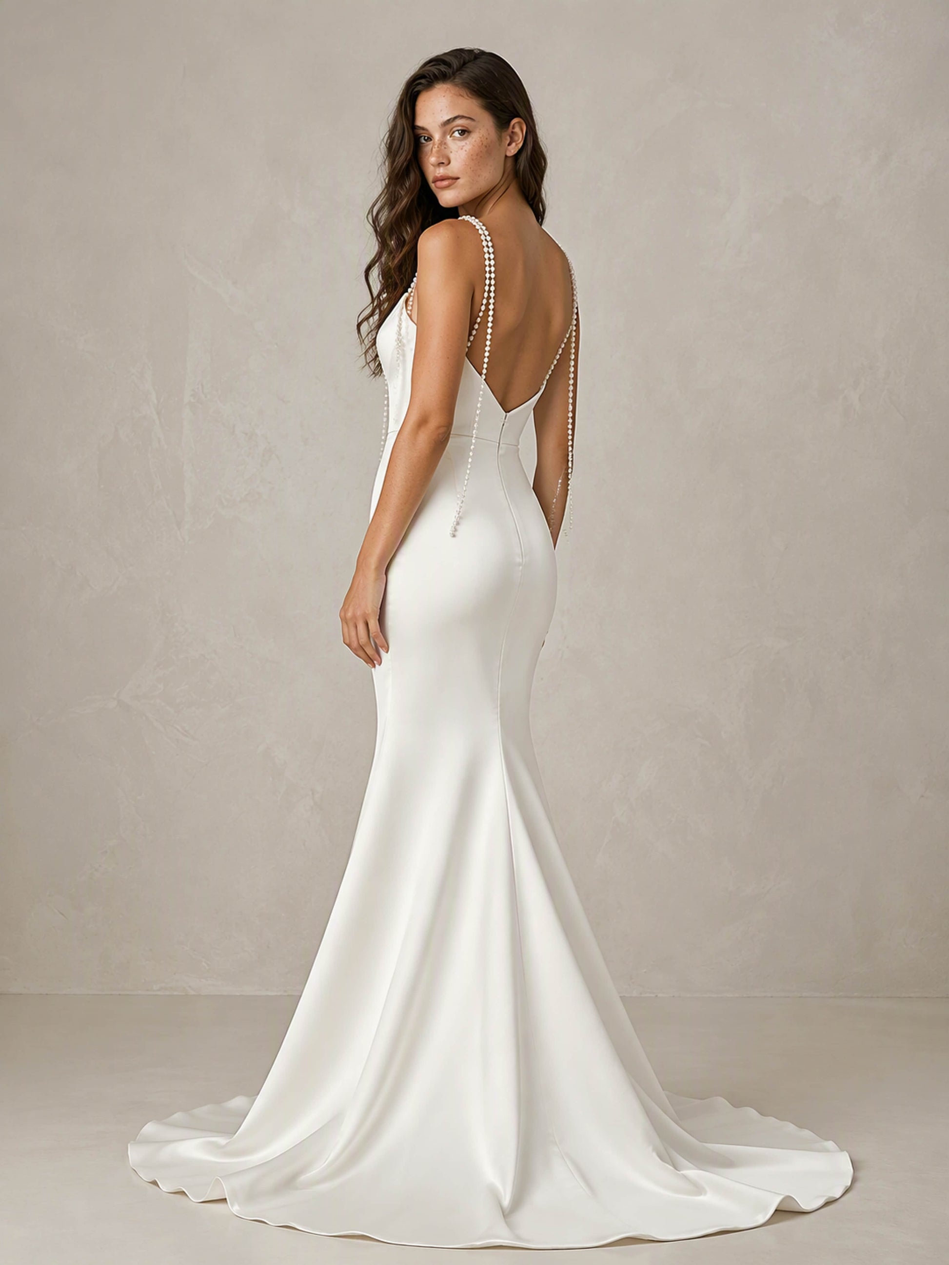 Satin Mermaid Pearl Spaghetti Straps V Neck Wedding Dresses