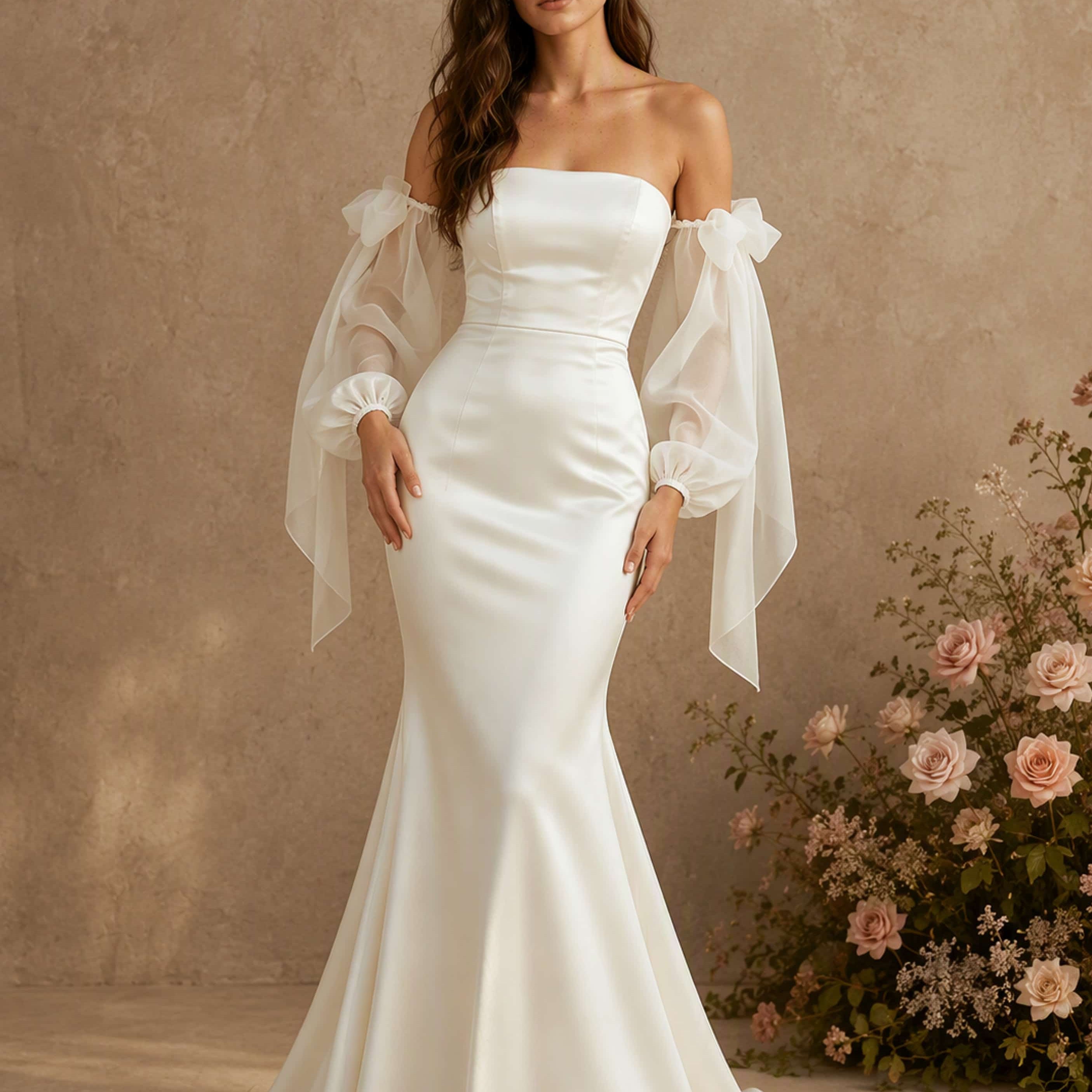 Mermaid Satin Off Shoulder Long Sleeve Wedding Dress for Women