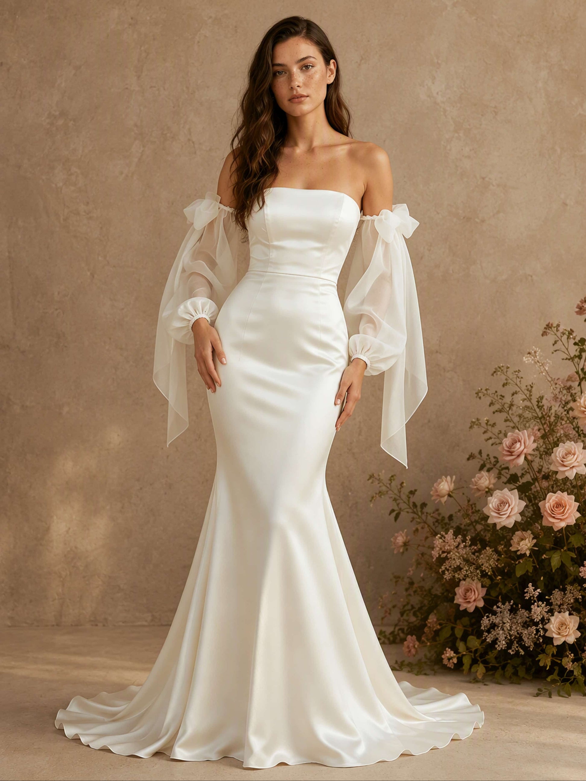 Mermaid Satin Off Shoulder Long Sleeve Wedding Dress for Women