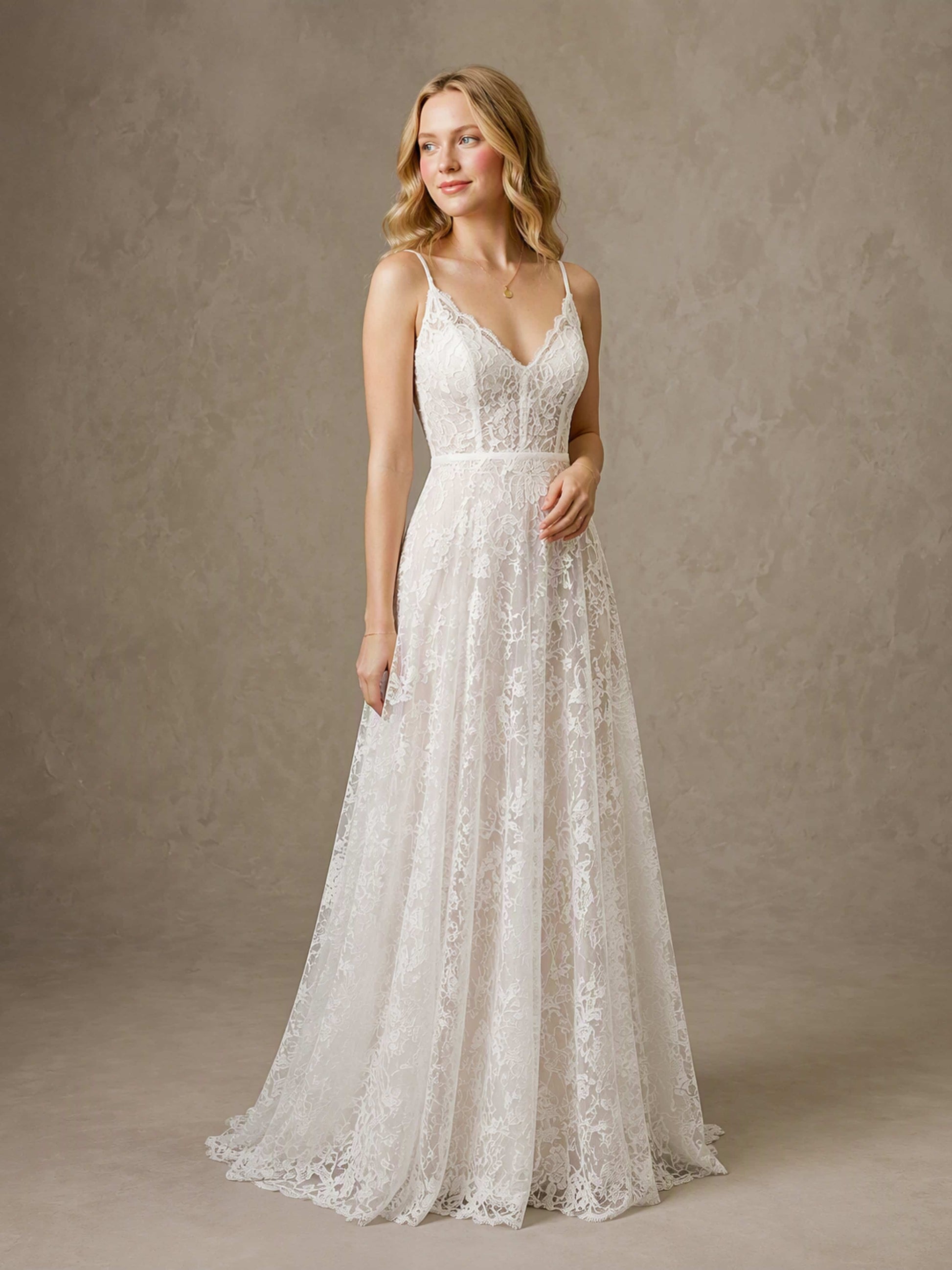 Floor Length Spaghetti Straps Lace Boho Wedding Dress