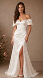 Sweetheart Neck Puff Sleeve Mermaid Satin Wedding Dress with Slit
