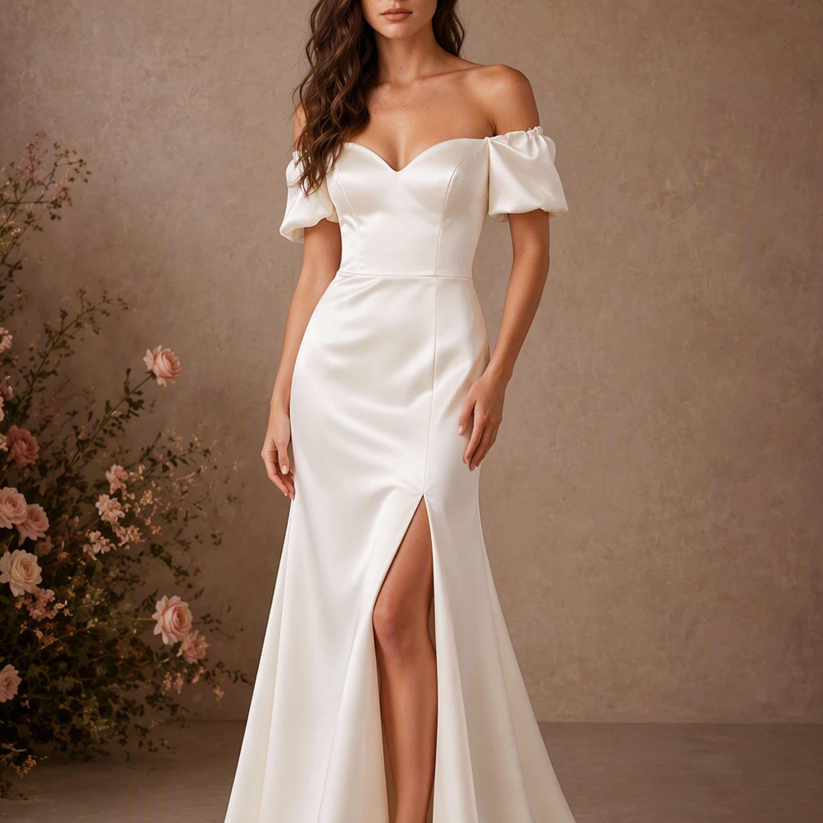 Sweetheart Neck Puff Sleeve Mermaid Satin Wedding Dress with Slit