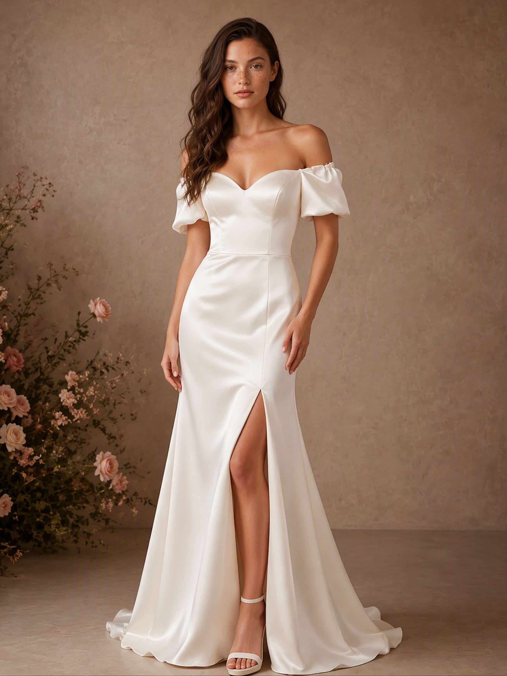 Sweetheart Neck Puff Sleeve Mermaid Satin Wedding Dress with Slit