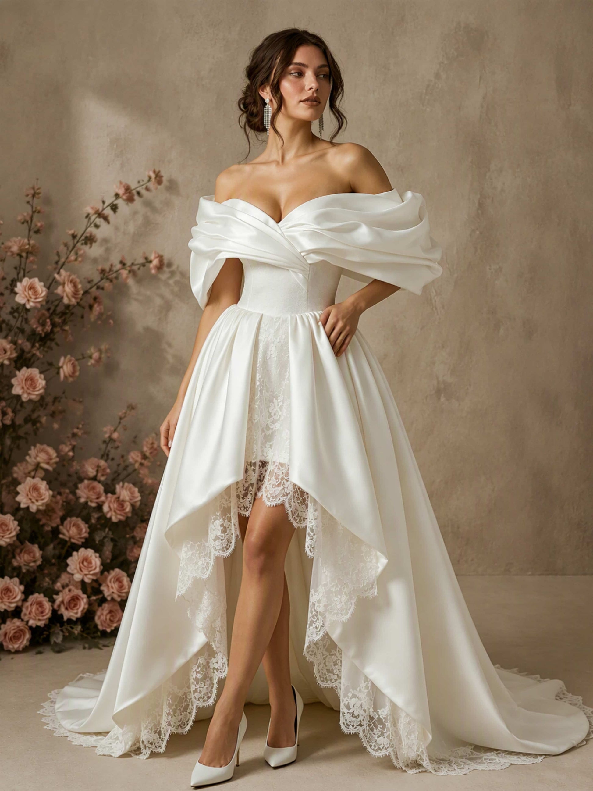 Off The Shoulder Satin Lace High Low Wedding Dress Ball Gown