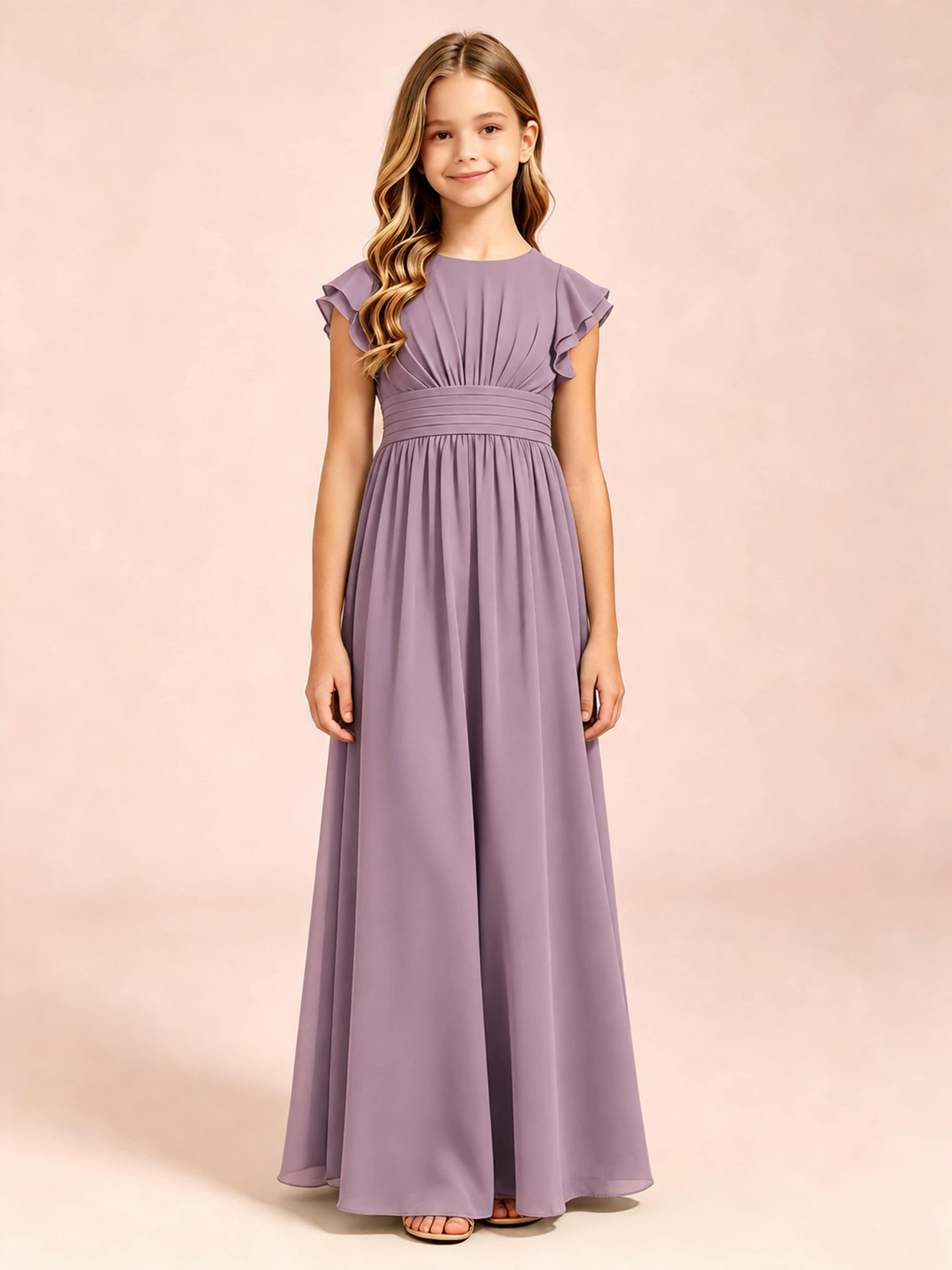 Chiffon Ruffle Cap Sleeve Junior Bridesmaid Dress for Wedding