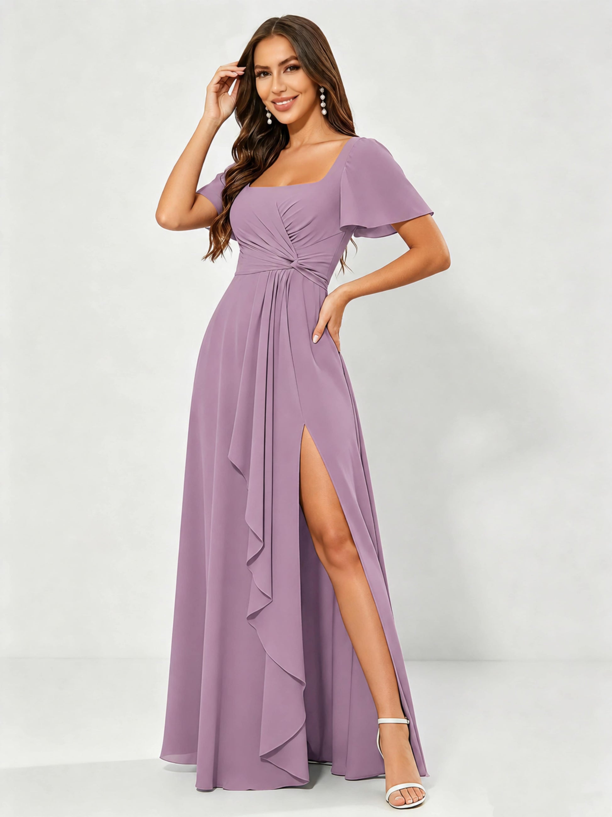 Square Neck Chiffon Ruffle Bridesmaid Dress with Slit