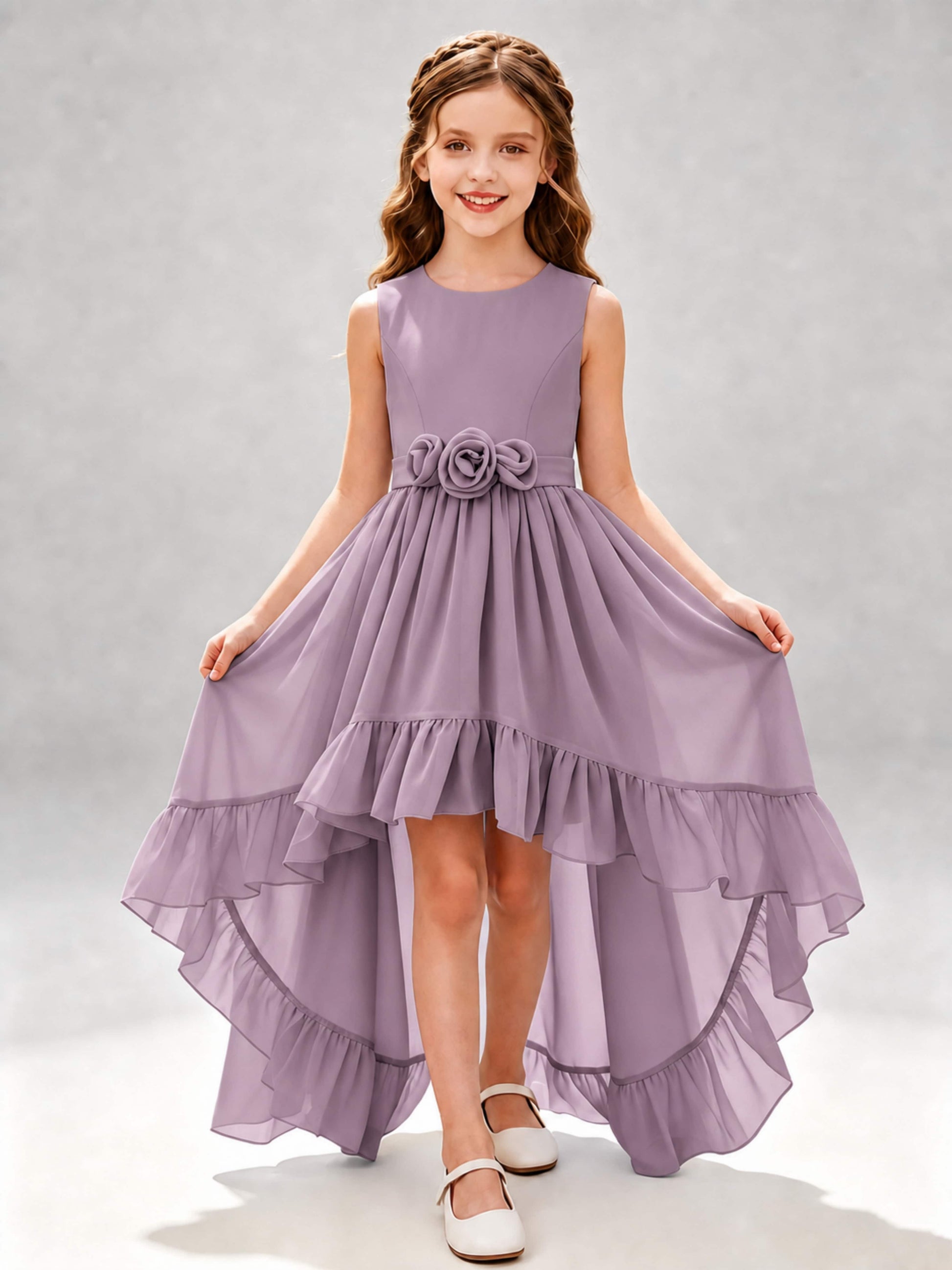 Chiffon 3D Flower High Low Junior Bridesmaid Dresses
