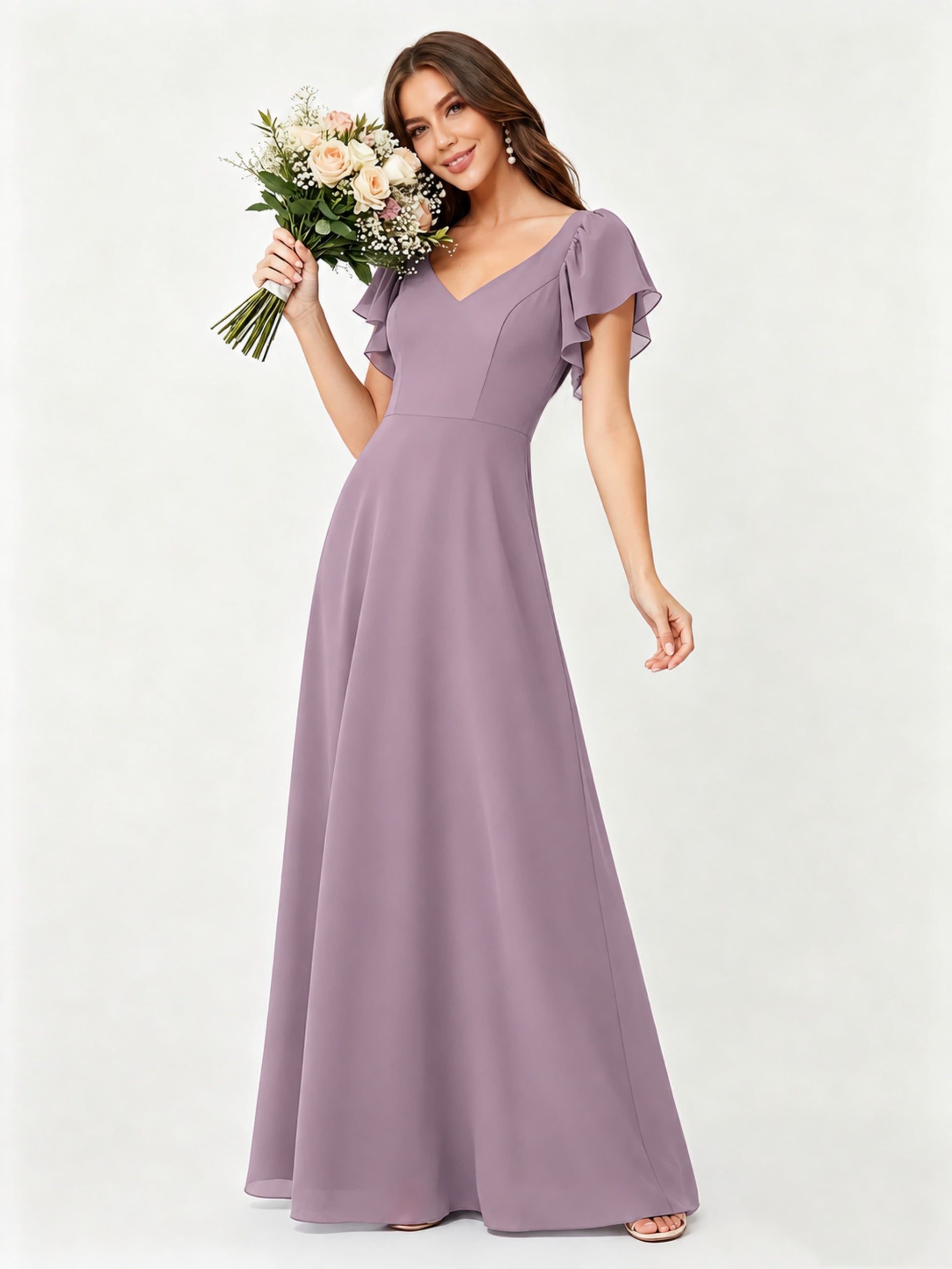 Ruffle Sleeve Chiffon Bridesmaid Dresses for Women Wedding